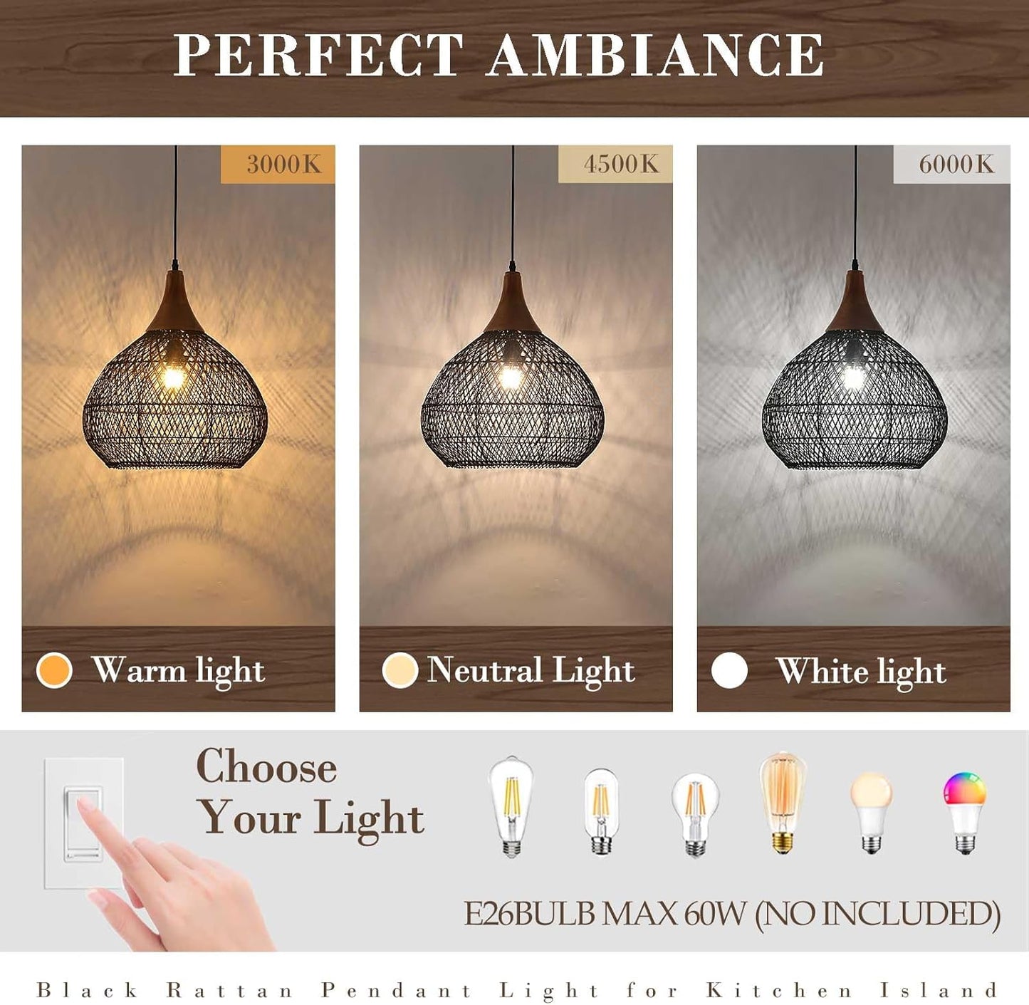 Black Rattan Pendant Light, 15.7" Rattan Chandelier Hand-Woven Wicker Pendant Light Fixtures with Solid Wood, Basket Hanging Lighting for Dining Room Kitchen Island Living Room