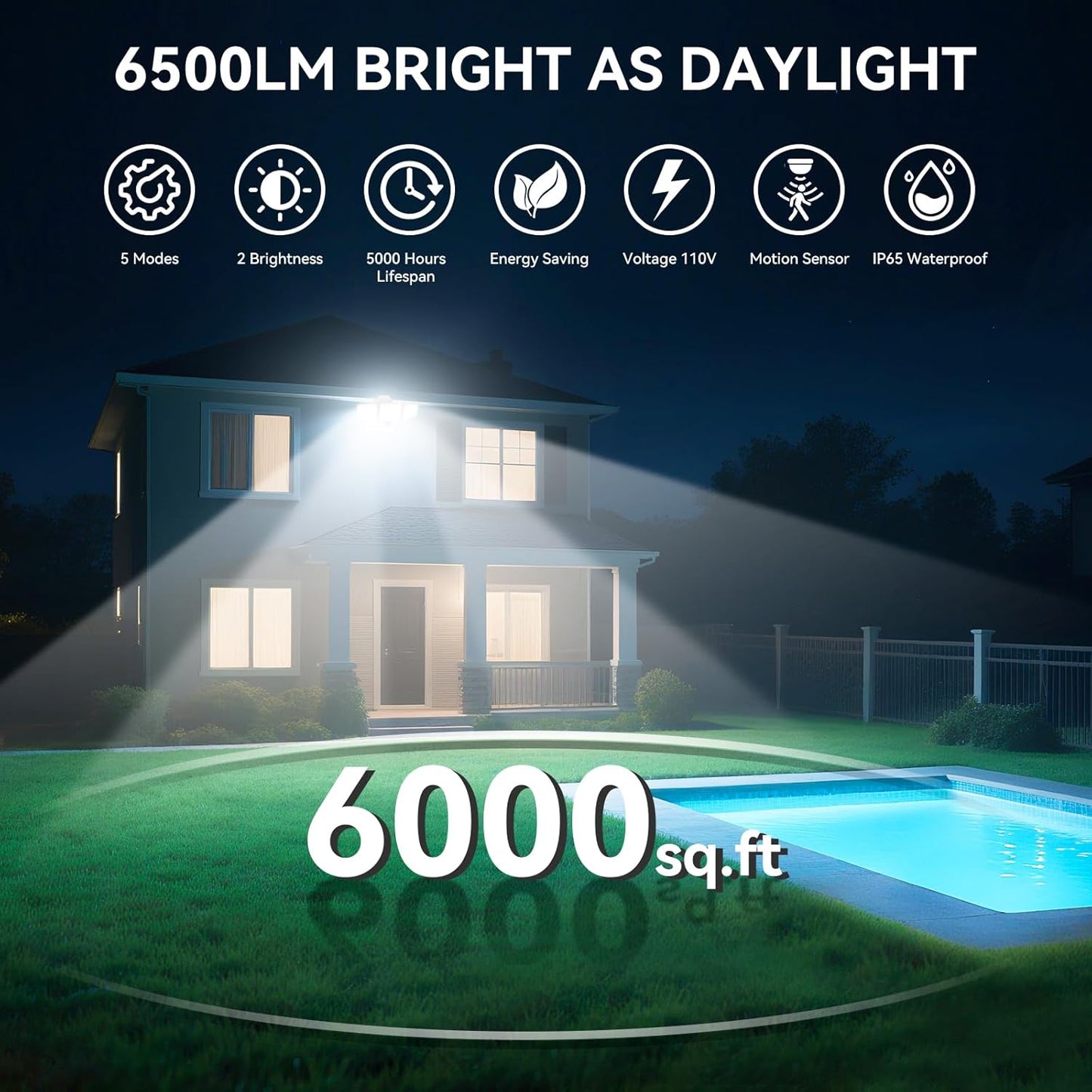 65W LED Flood Light Outdoor, 6500LM, Waterproof, 6500K Motion Sensor Flood Lights Outdoor with Adjustable 3 Head Detected Floodlight for Outside Entryway Garage, Yard, Porch, White