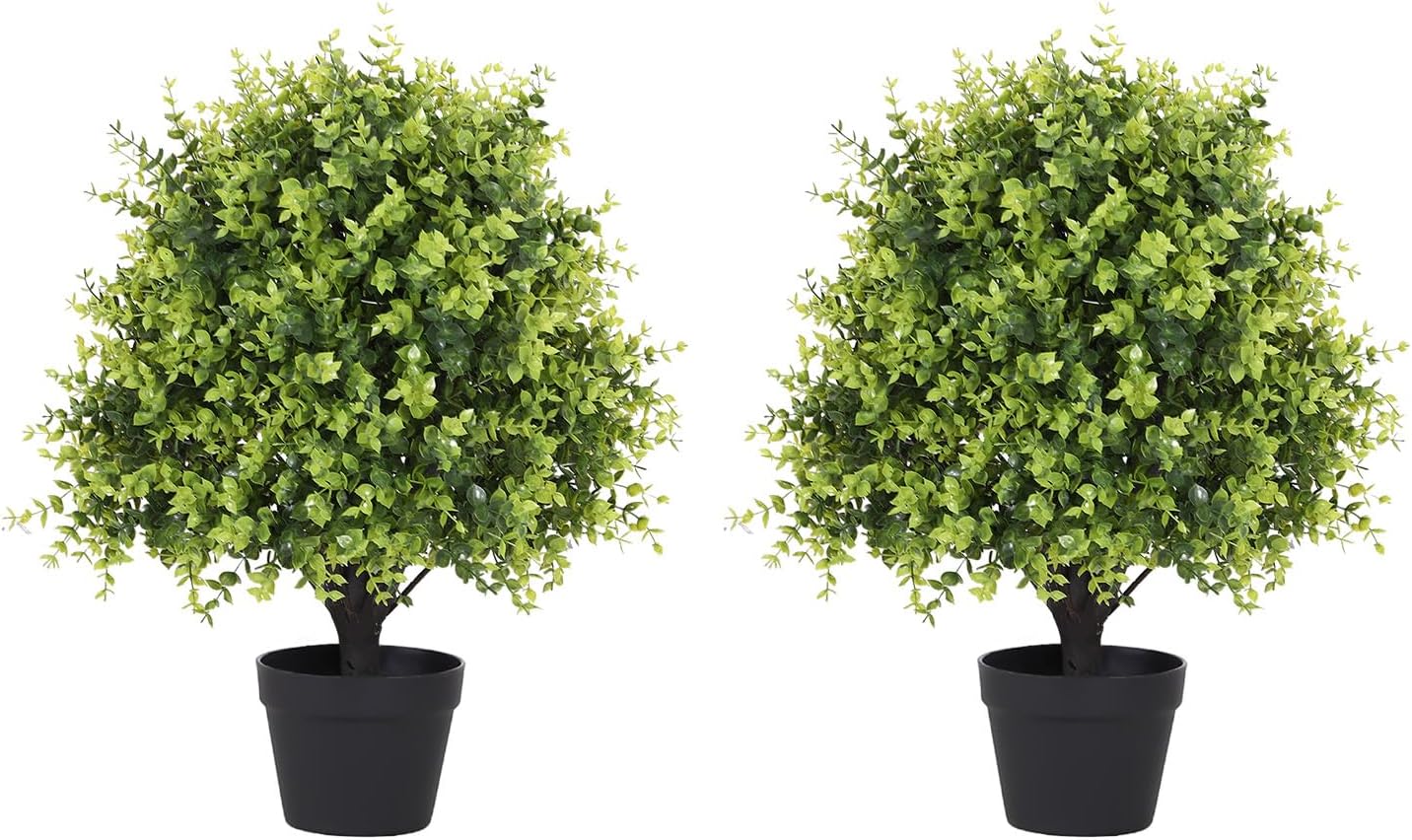THE BLOOM TIMES 2ft Faux Boxwood Plants Outdoor Set of 2, Topiary Balls Artificial Outside Trees, 24" UV Resistant Fake Greenery Bushes & Shrubs for Front Porch Planter