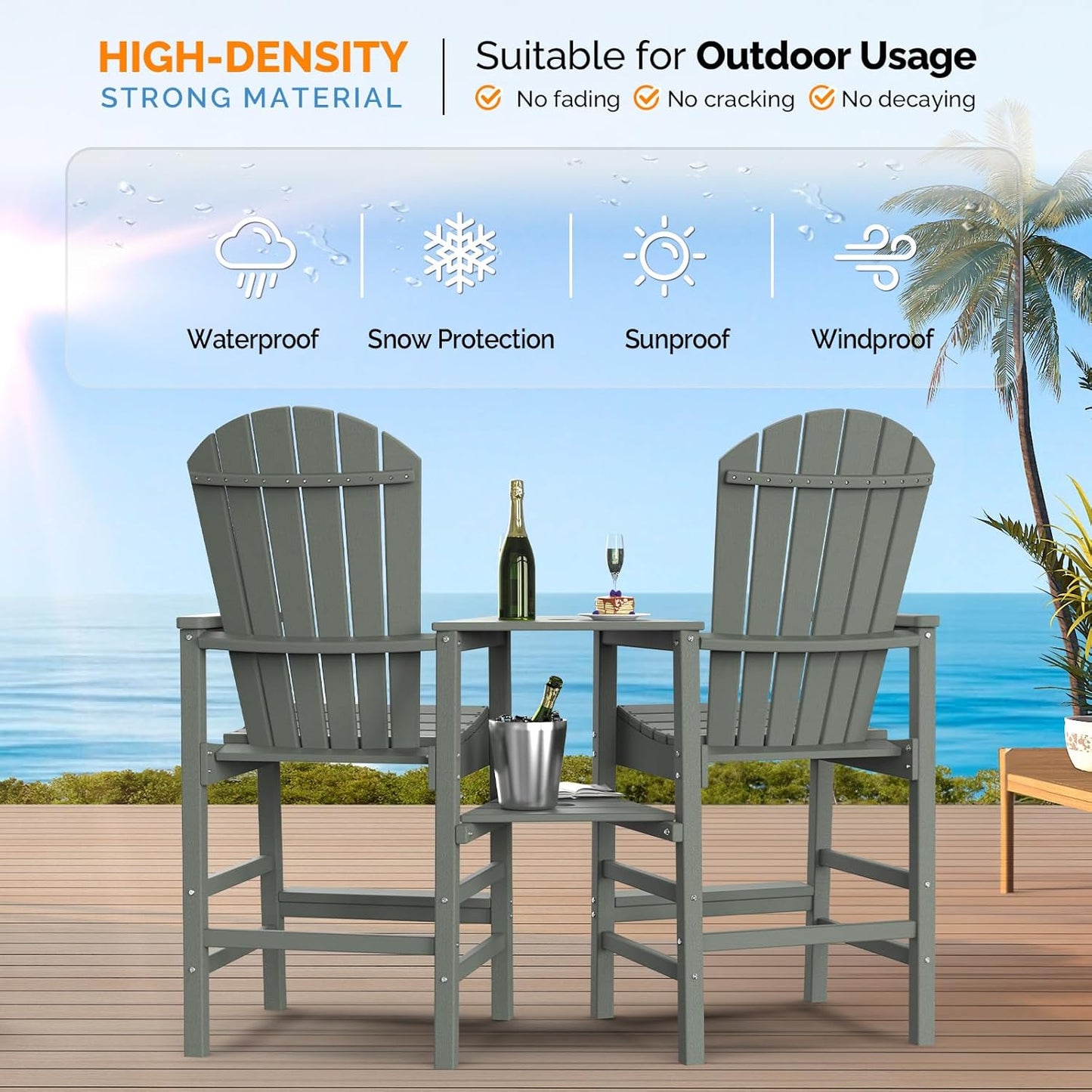 VINGLI Tall Adirondack Chairs Set of 2, HDPE Balcony Chair with Double Connecting Tray Weather Resistant Outdoor Bar Stools for Patio Deck Lawn Pool Backyard (Grey)