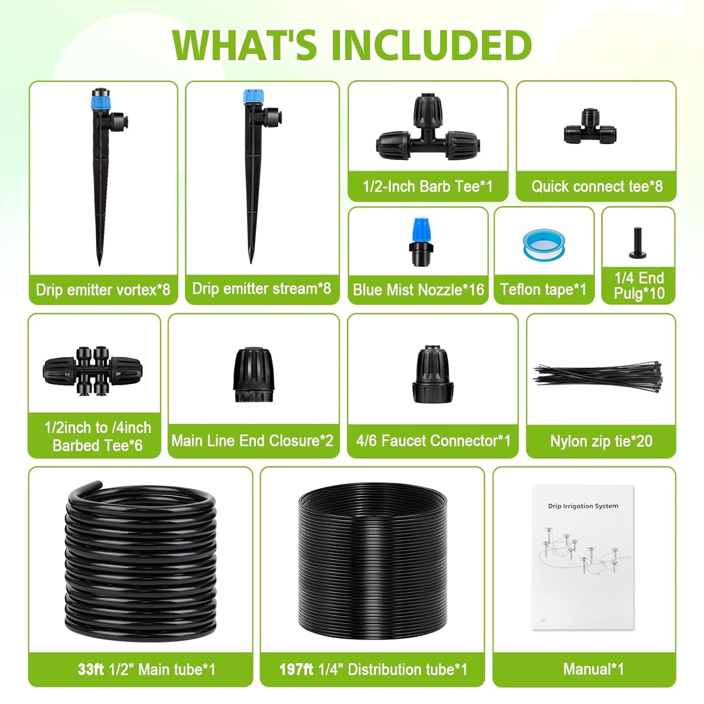 230FT New Quick-Connect Drip Irrigation System Kit, Automatic Garden Watering Misting System for Greenhouse, Yard, Lawn, Plant with 1/2 inch Hose 1/4 inch Distribution Tubing and Accessories