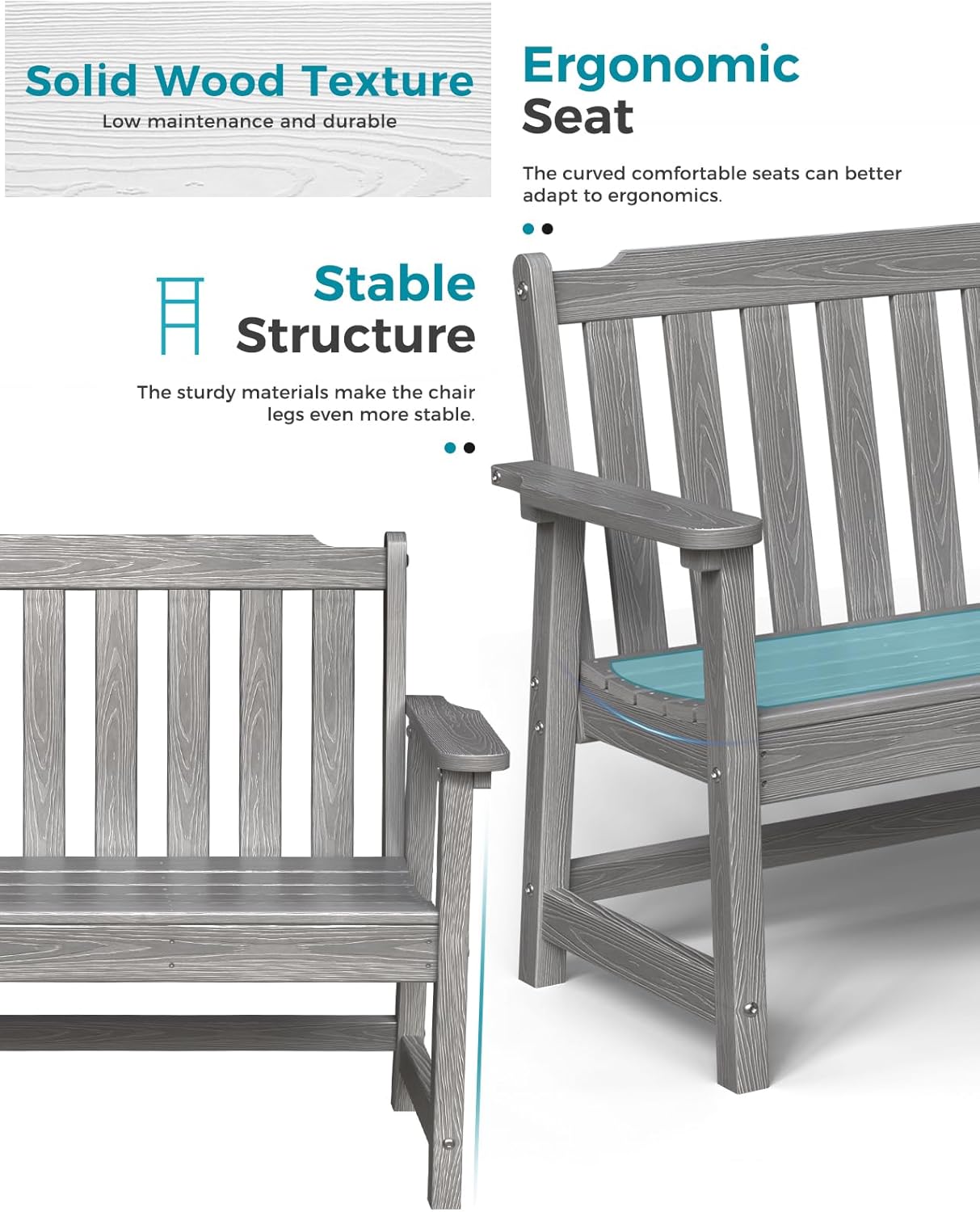 Outdoor Bench, 2-Person HDPE Garden Bench, All Weather Poly Patio Bench for Outdoors, Garden, Backyard, Porch and Park, 660 lbs Weight Capacity, Grey, 2 Pack