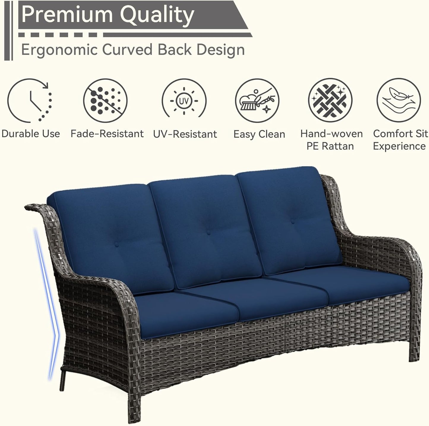 Patio Conversation Set 5-PCS Wicker Outdoor Furniture Conversation Set with 3-Seat Sofa, 2 Armchair, 2 Ottoman Patio Rattan Wicker Sectional Sofa Set with Olefin Cushion, Blue