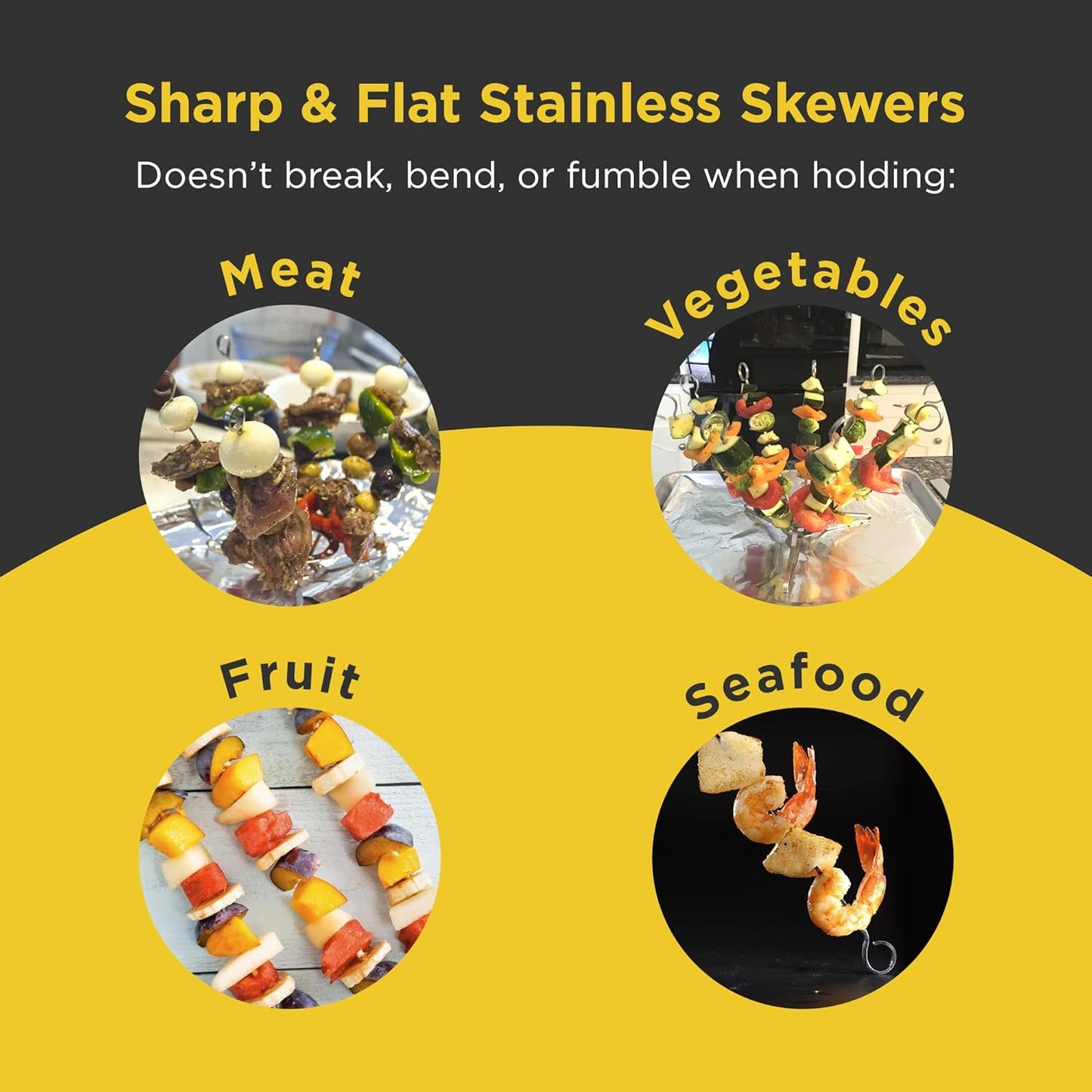 O-Yaki Flat Metal Kabob Skewer for Grilling – Set of 9 BBQ Skewers Stainless Steel with Storage Bag, Dishwasher Safe Skewers with Hook Handle & Sharp Tip for Outdoor BBQ, Cookouts & Oven Use – 9 Inch