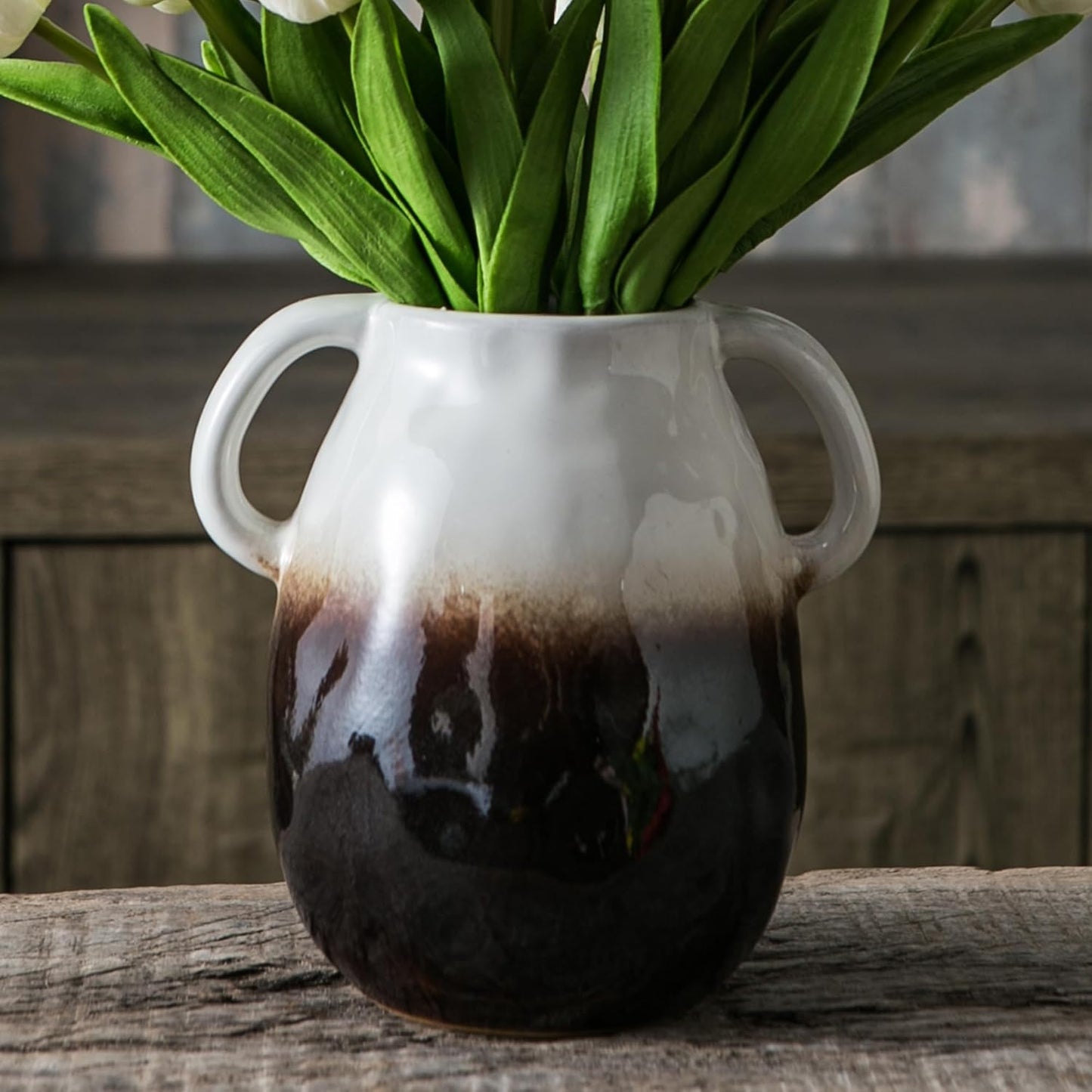 White Gradient Ceramic Vase with 2 Handles, Modern Farmhouse Decor, Rustic Terracotta Pottery, Decorative Flower Vases, Clay Small Vase, Centerpiece for Dining Table - 7 Inch Tall