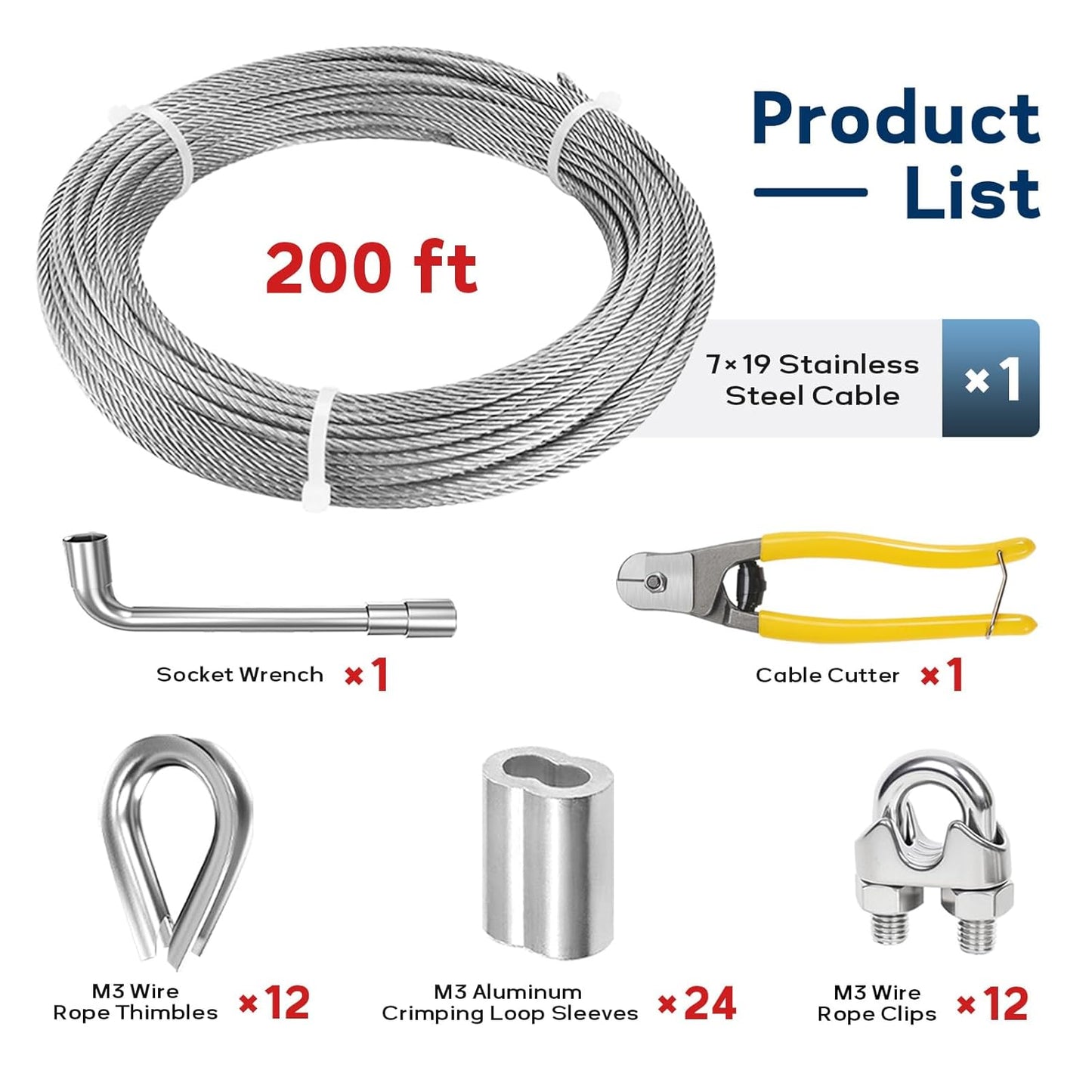 1/8 Inch Stainless Steel Cable 200FT, 7x19 Strand Wire Rope Kit with Thimbles, Clips & Aluminium Sleeves for Plants Climbing, Deck Fence Railing, String Light Haning and DIY Projects