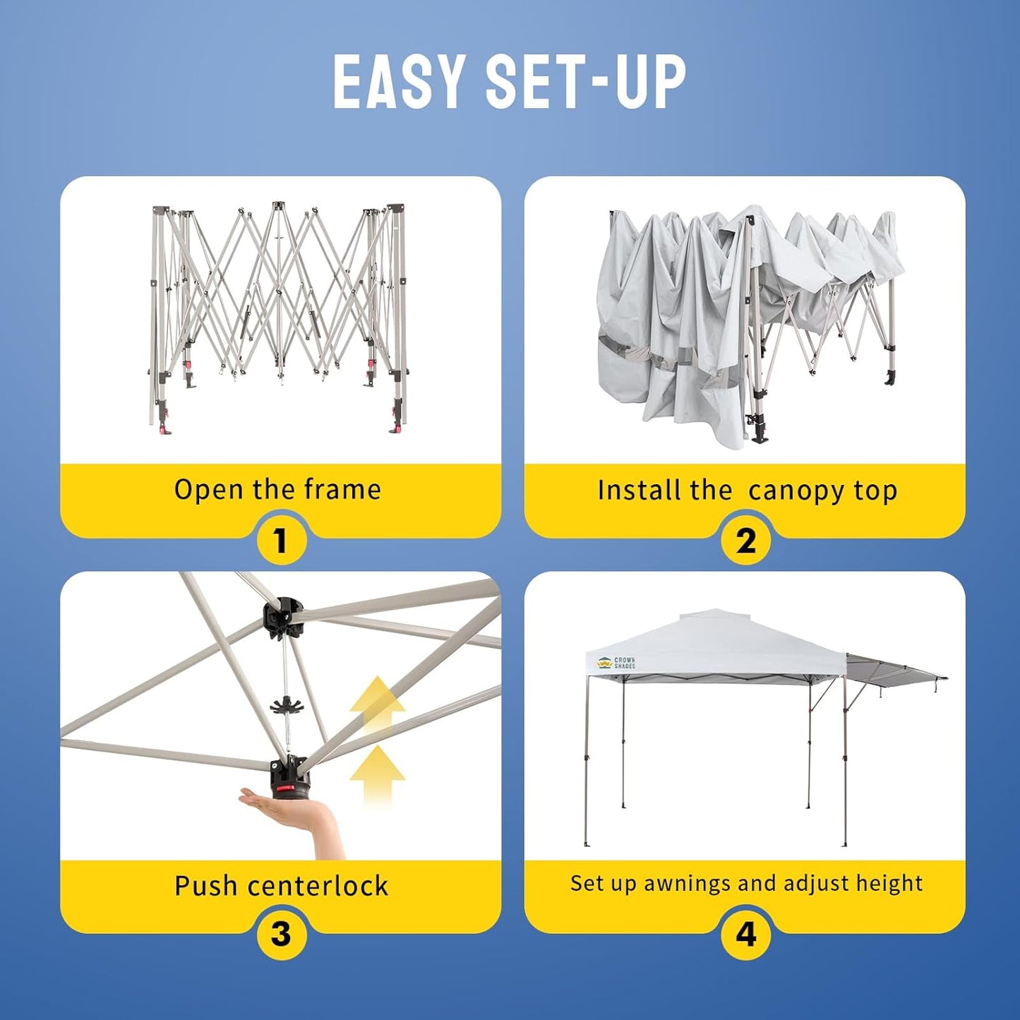 CROWN SHADES 10x10 Pop up Canopy Tent Patended Centerlock Instant Commercial Canopy with 150D Silver Coated Fabric Including 2 Extend Awnings, 4 Ropes, 8 Stakes, 4 Weight Bags (White, 10x14)