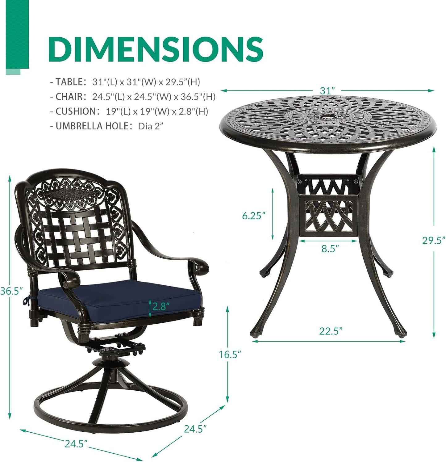 VIVIJASON 3-Piece Patio Bistro Set, Outdoor All-Weather Cast Aluminum Furniture Dining Set, Include 2 Swivel Chairs and 31" Round Table w/Umbrella Hole for Balcony, Lawn, Garden (Navy Blue Cushion)