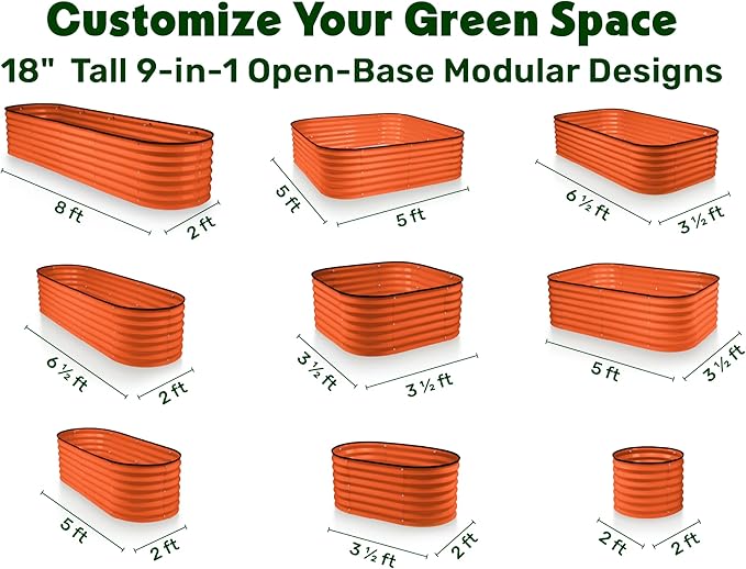 9-in-1 Galvanized Steel Raised Garden Bed // 8×2×1.5 ft Modular Planter for Gardening, Vegetables, Flowers // 18" Tall Metal Raised Garden Beds Outdoor (Orange) // Patented Design Planter Box