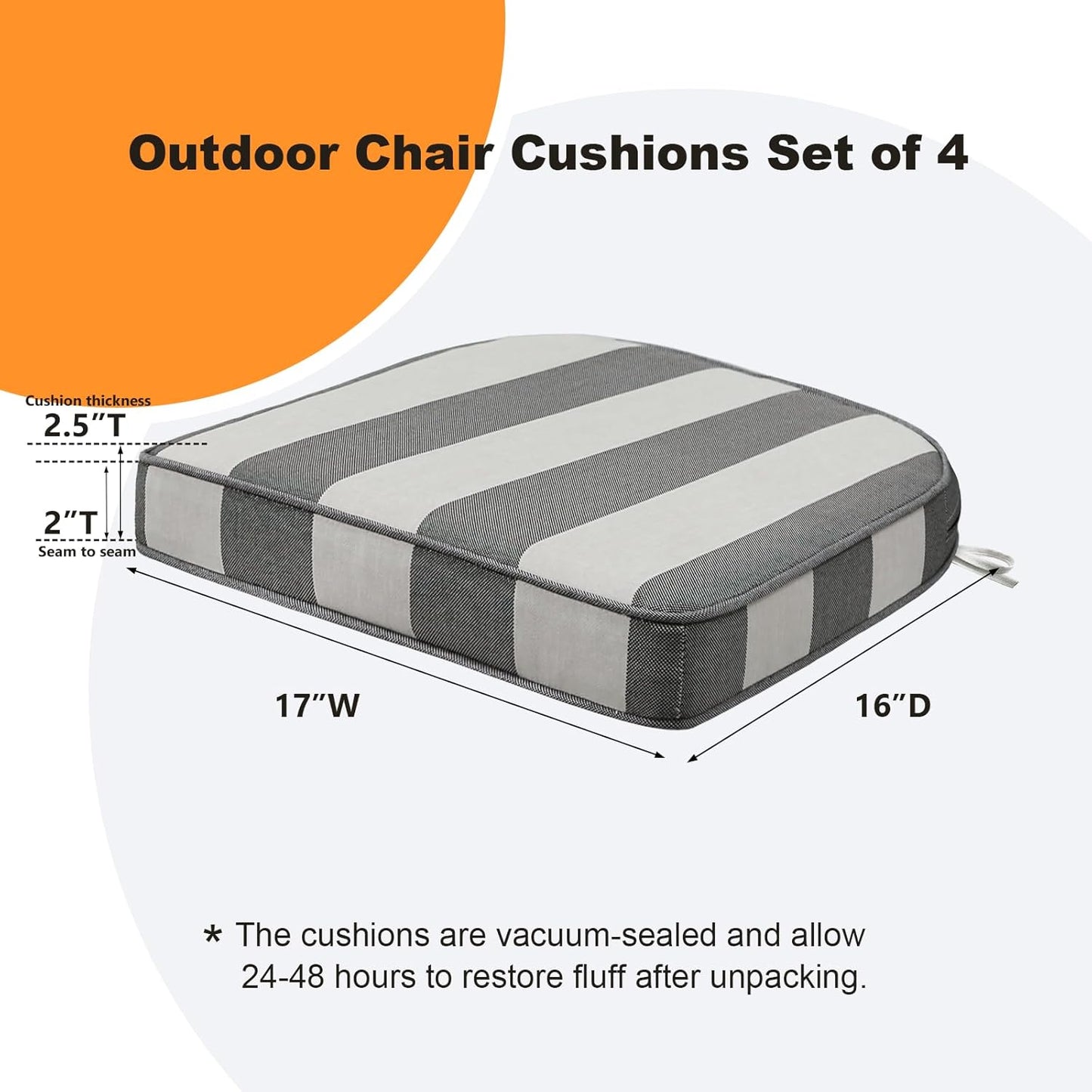 Round Corner Seat Cushions, 17" x 16" x 2", Set of 4, Indoor Outdoor Water Repellent Universal Chair Pads with Ties for Patio Furniture, Garden Deck Dining Chairs, Gray Stripe