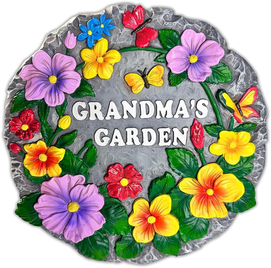 Elegant Resin Stepping Stone, Outdoor Garden Pathway Decoration (Grandma’s Garden Floral Stepping Stone, 9.5" Decorative Outdoor Decoration)
