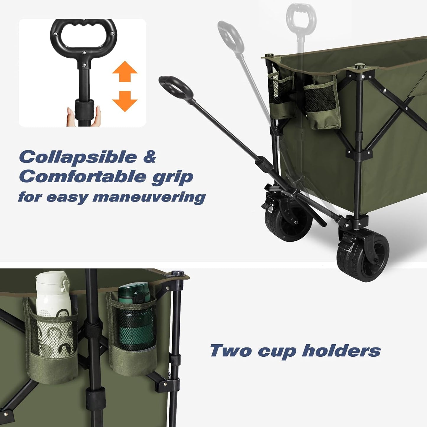 Chihee Garden Cart Collapsible Outdoor Utility Wagon Cart,Folding Beach Cart Oversized Capacity 254L,Heavy Duty Portable Wagon All Terrain Wheels Oversized Side Pocket 2 Drink Holders for Camping