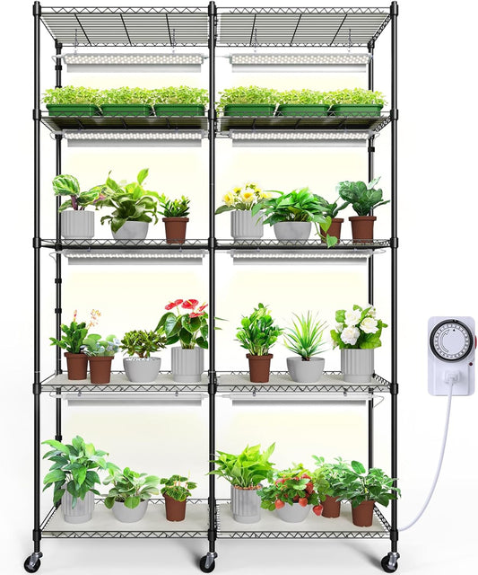 Barrina CX1 Plant Stand with Grow Lights for Indoor Plants, 5-Tier Large Tall Metal Plant Shelf with 1.6FT 20W(Per Light) Full Spectrum Plant Lights for Indoor Growing, 47x13.8x70.9IN