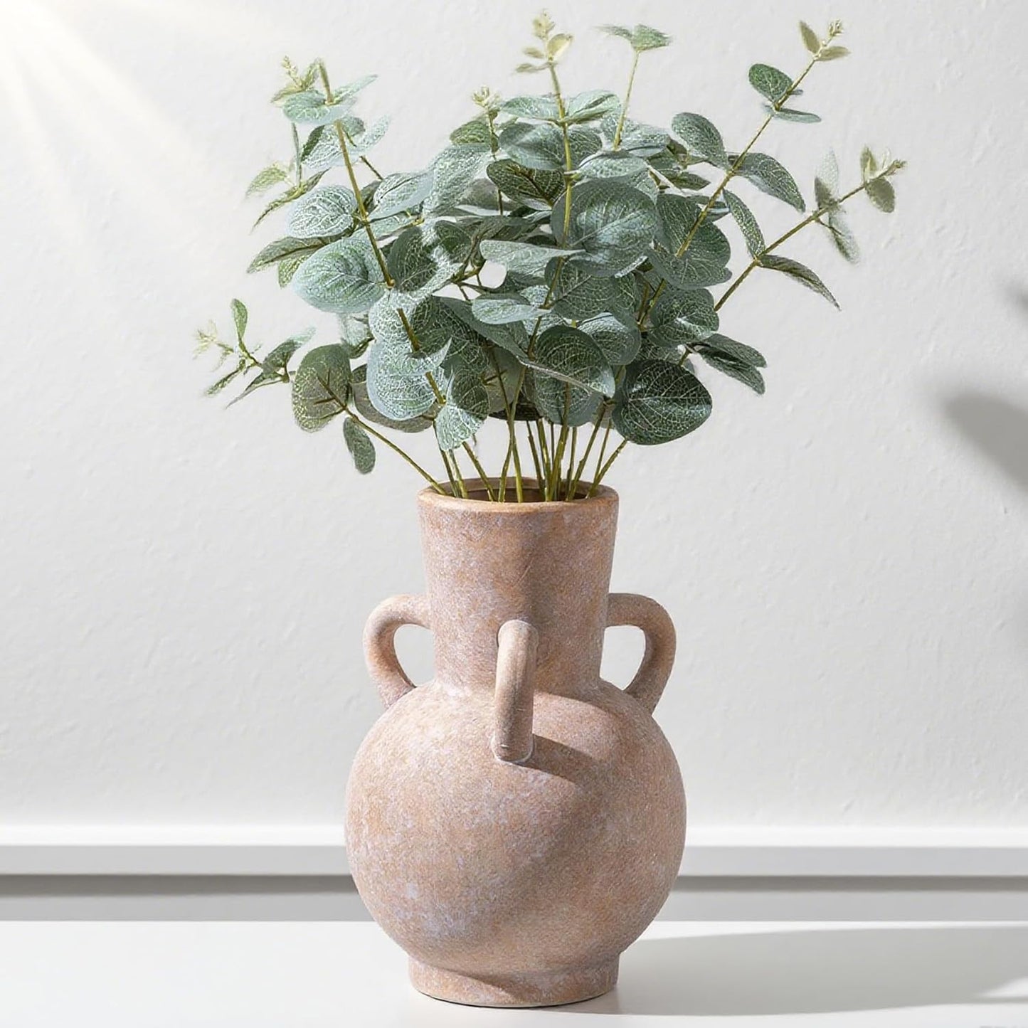 Beige Vintage Terracotta Ceramic Vase with Handles, Rustic Pottery Tulip Vase for Cottage Core Home Mantle Decor, Large Bulk Flower Vases Farmhouse Table Centerpieces, Jarrones Decorativos para Sala