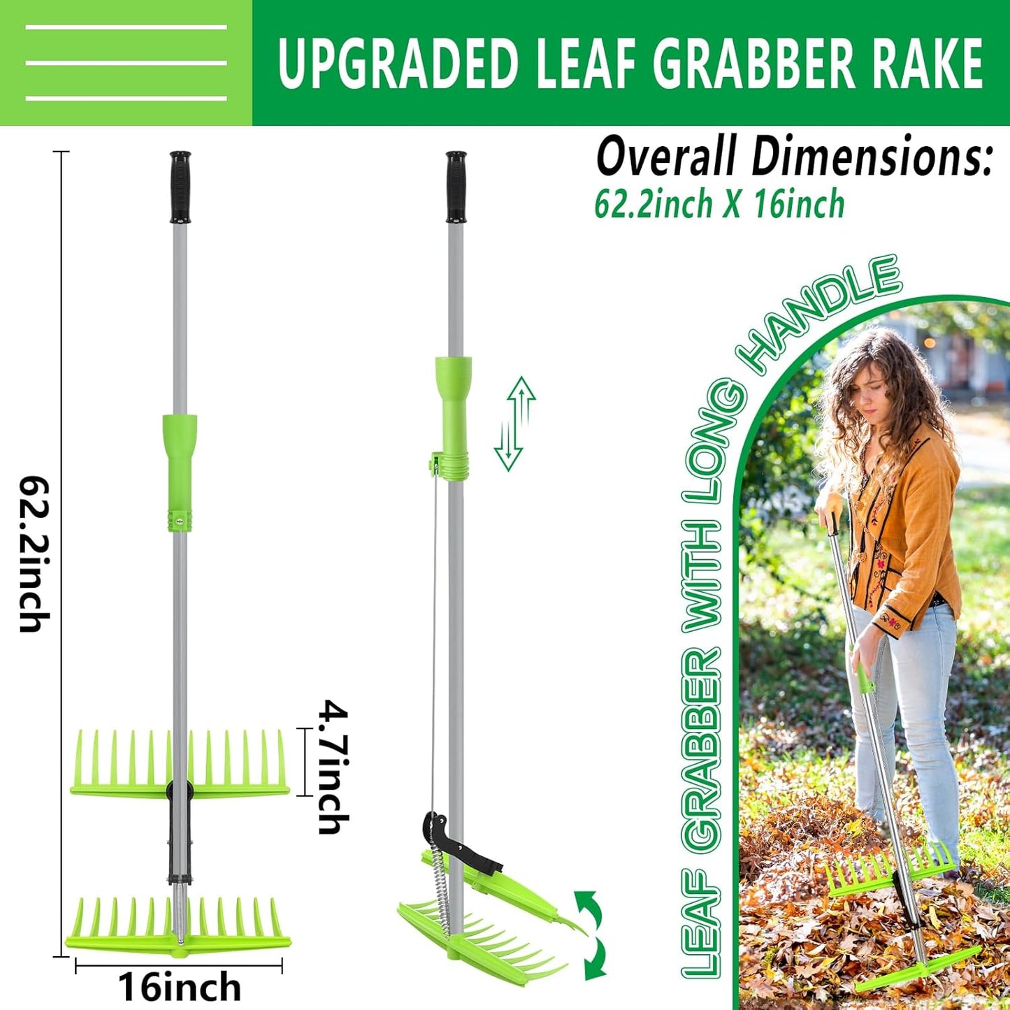 2-in-1 Leaf Grabber Rake Back Saving, Ergonomic Leaf Scoops Claws with Long Handle, Efficient Leaf Picker Upper Grabber Shovel for Yard Work Lawns Clean Up, Easy Pick Up Leaves No More Bending Over