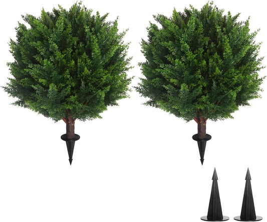 22''T Artificial Cedar Topiary Ball Tree 2 Pack, Outdoors Artificial Shrubs Faux Plants Uv Rated Perfect for Outdoor, Indoor - Easy to Install.