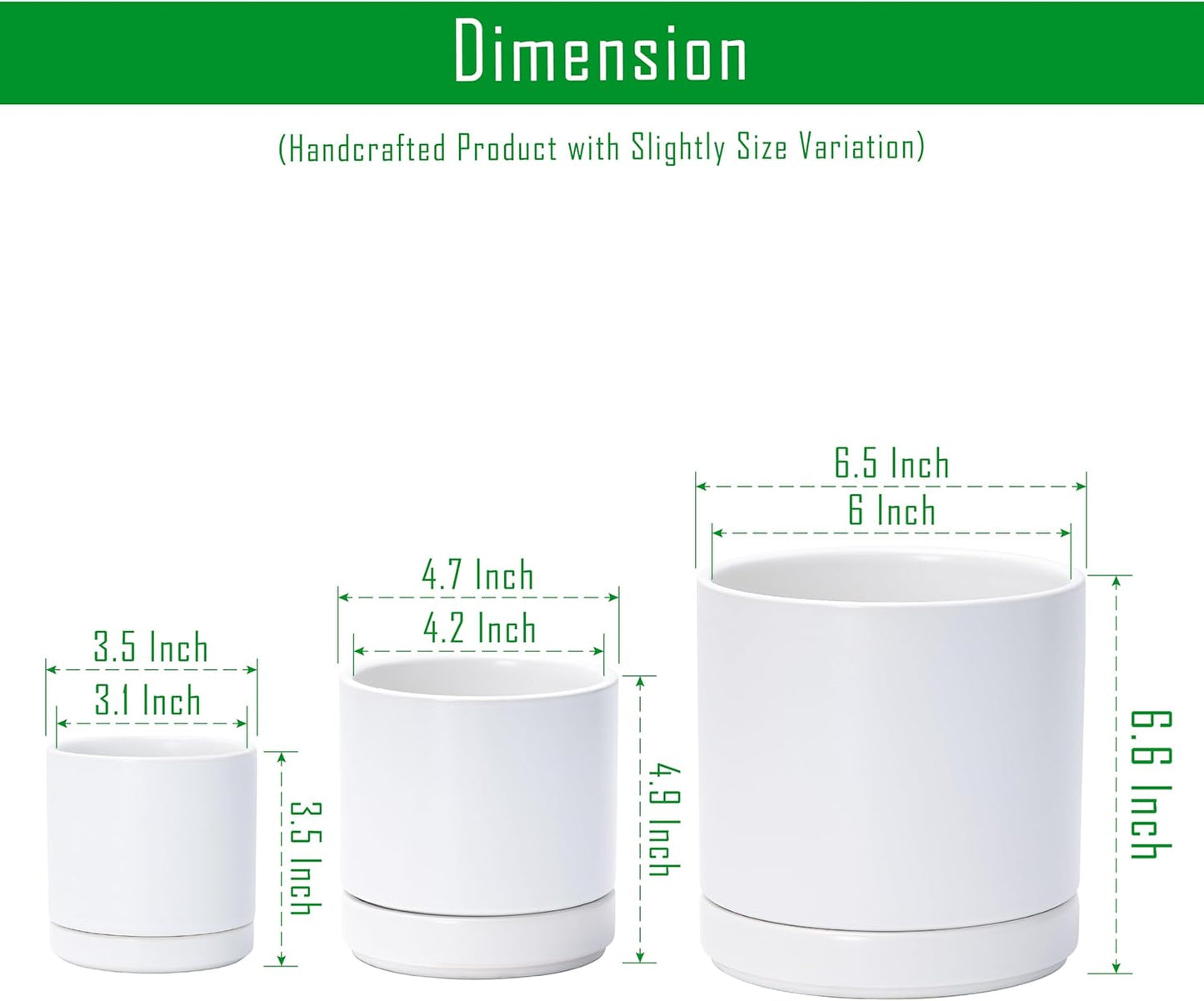 D'vine Dev 3 Inch & 4 Inch & 6 Inch, Set of 3 Round Ceramic Planter Pot with Drainage Hole and Saucer, White, 94-T-S-1