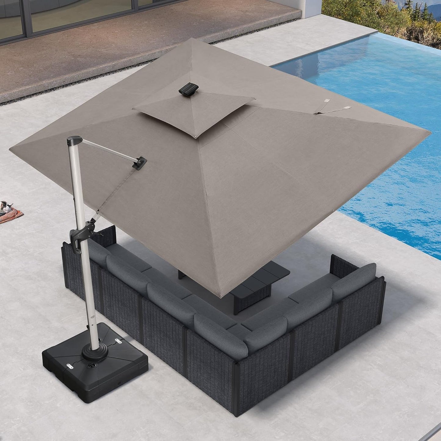 PURPLE LEAF 9' X 12' Solar Powered LED Patio Umbrella Cantilever Umbrellas Offset Double Top Hanging Outdoor Umbrella Market Umbrellas for Garden, Heather Taupe