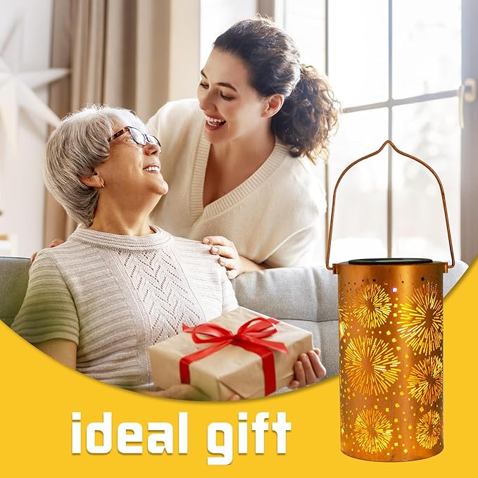 Mothers Day Gifts, Fireworks Solar Lanterns Outdoor Hanging, Hollowed-Out Metal Waterproof LED Garden Decor Light for Patio Yard Pathway Lawn Front Porch Tree, Birthday Gifts for Women Mom Grandma