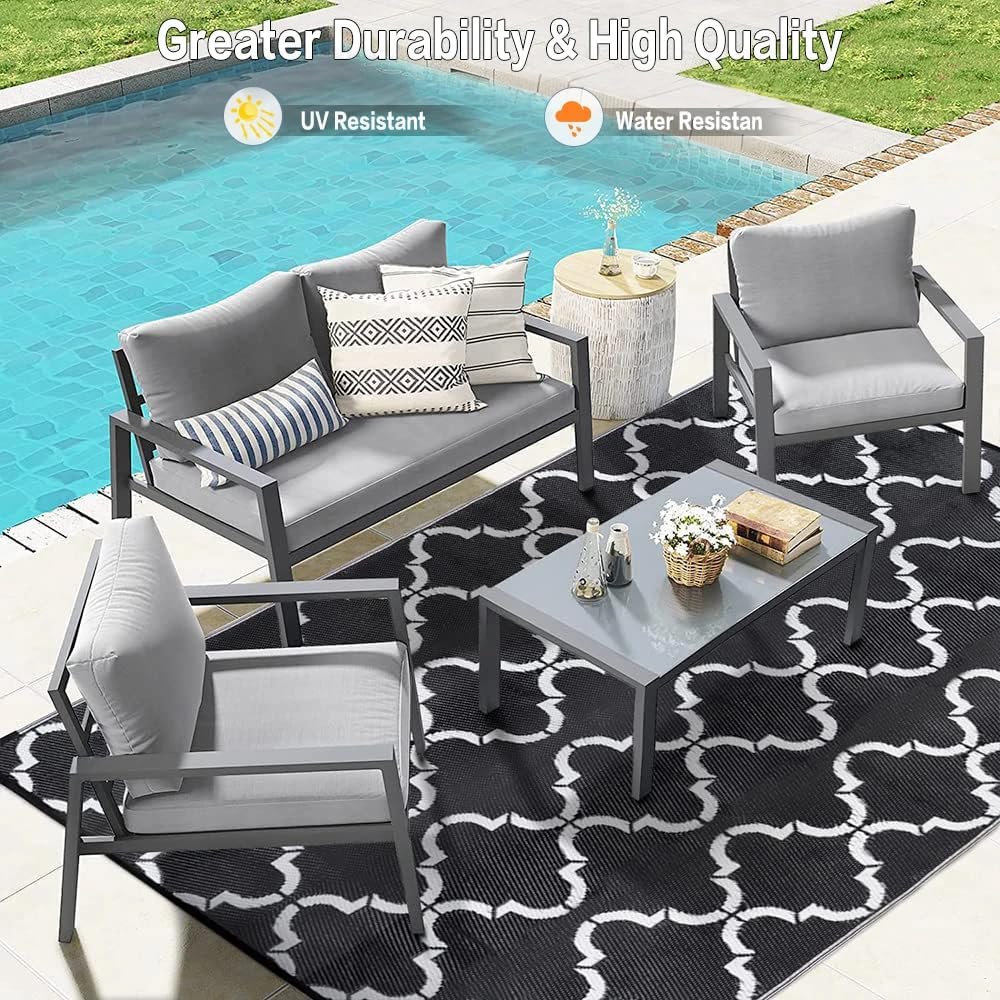 Outdoor Plastic Straw Rug, Waterproof Mat, Washable Large Floor Mat and Rug for Outdoors, RV, Beach, Patio, Camping, Backyard, Deck, Picnic, Indoor Outside (5x8ft,Lantern/Black&White)