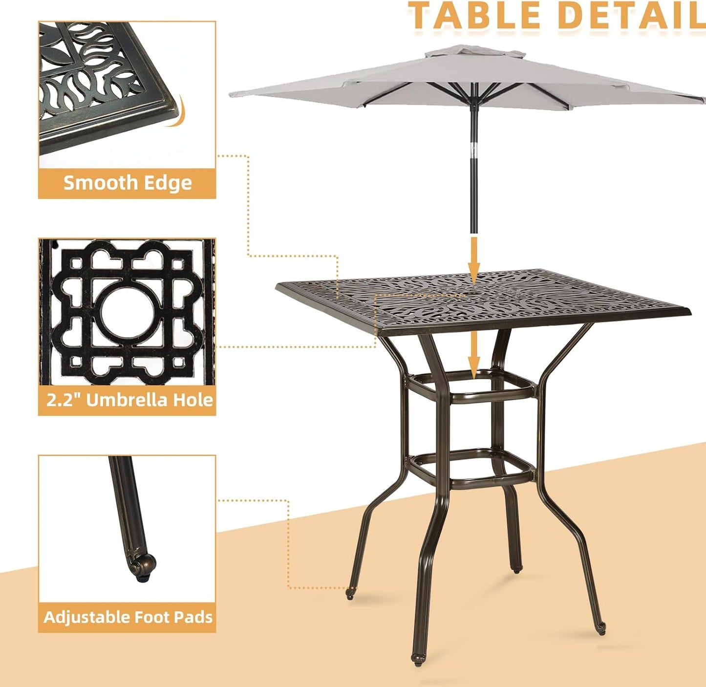 5 Pieces Patio Swivel Bar Set, Patio Bar Table and Chairs Set, All-Weather Cast Aluminum Outdoor Swivel Bar Stools of 4 and 35.4" Square Bar Table, High Top Bistro Set for Deck, Pool, Garden