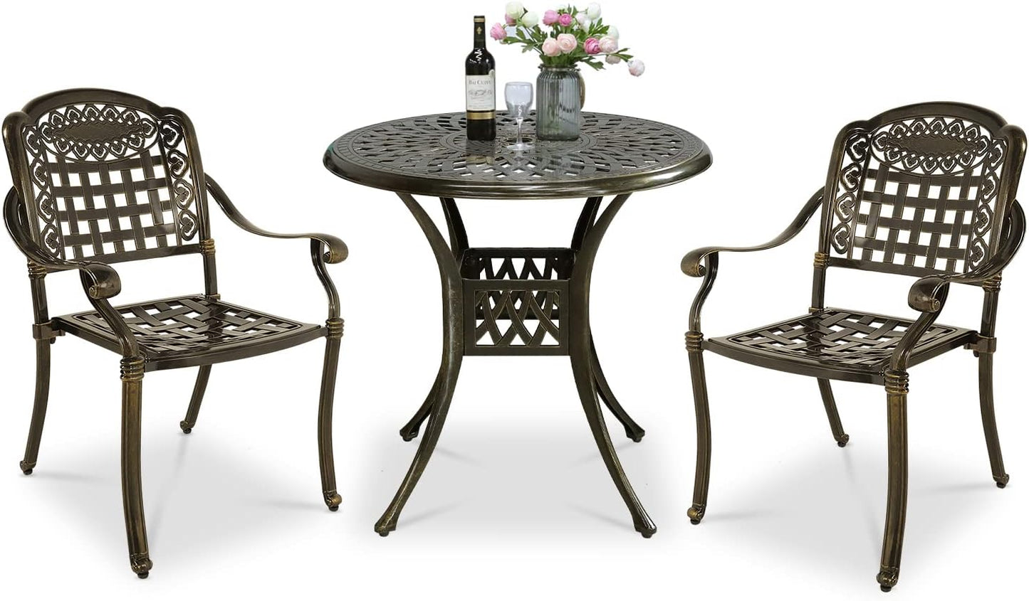 VIVIJASON 3-Piece Outdoor Patio Bistro Set, All-Weather Cast Aluminum Furniture Dining Sets Include 2 Chairs and 31" Round Table w/Umbrella Hole for Balcony, Lawn, Garden, Backyard, Antique Bronze