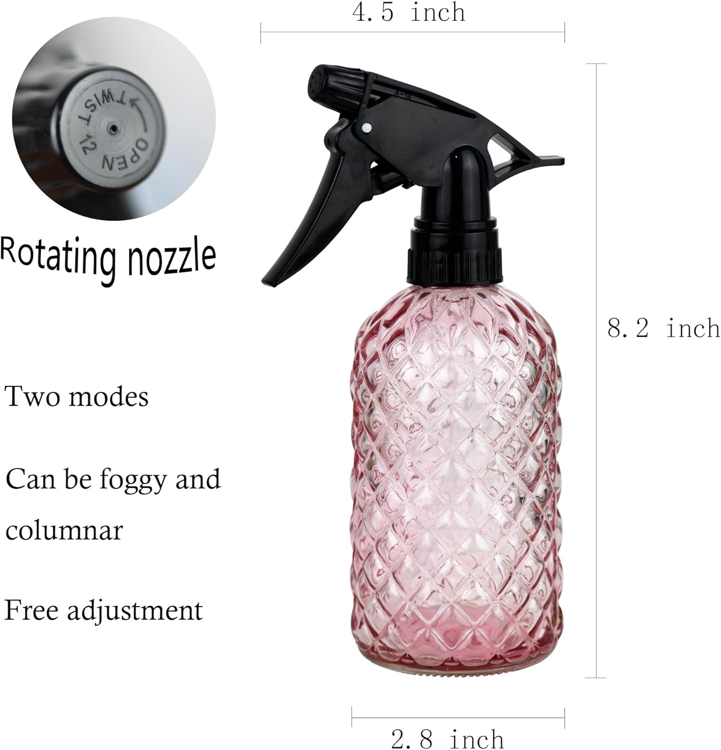 Glass Handheld Spray Bottle - 12oz Refillable Bottle ，Adjustable Nozzle Watering Can for Garden Plants Cleaning Solutions (Pink)