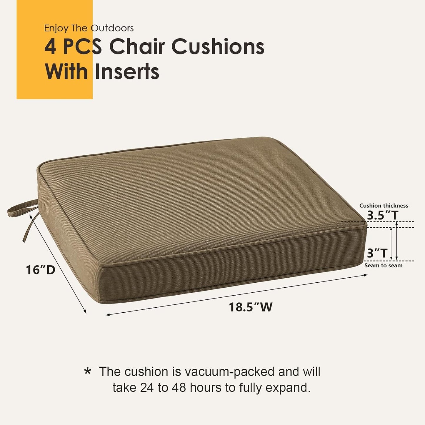 Outdoor Sunbrella Square Corner Seat Cushion, 18.5"x16"x3", Set of 4, Non Slip Seat Cushion Pads with Removable Cover for Patio Furniture, Garden Yard Lawn, Specrtum Caribou