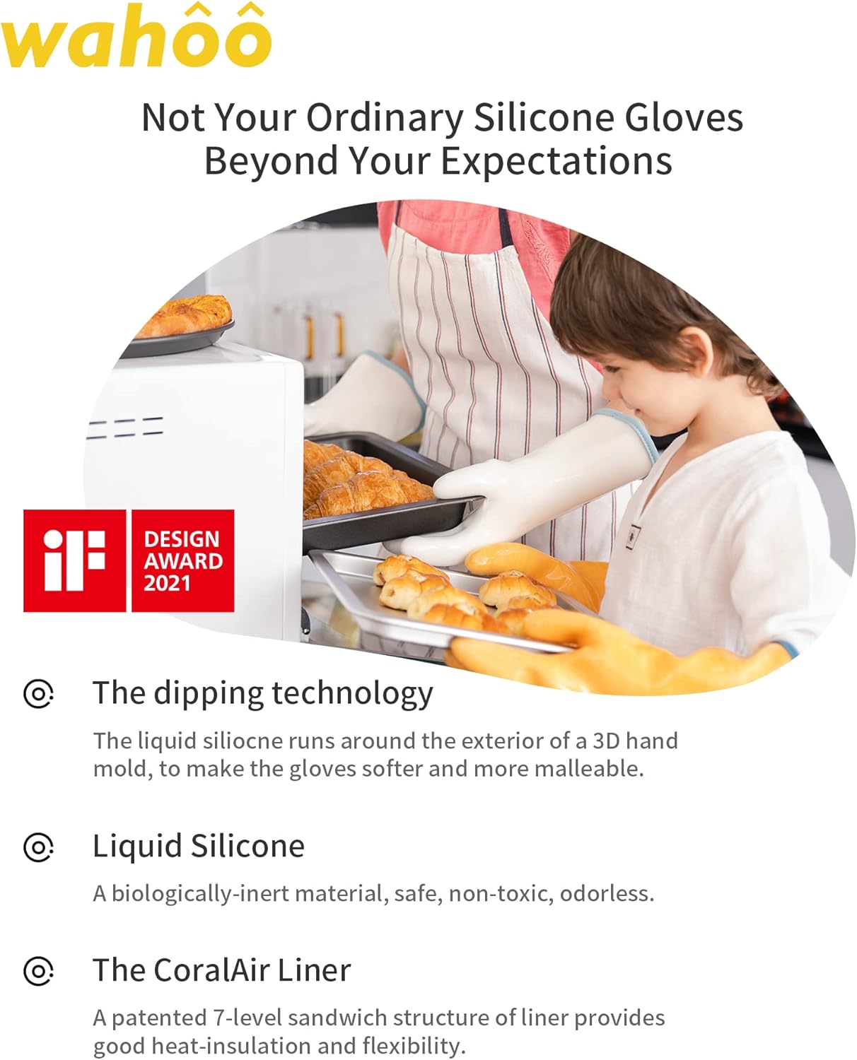 wahoo Professional Liquid Silicone Oven Mitts Gloves, Heat Resistant Gloves for Cooking, Baking, CoralAir Liner, 12 Inch, White, X-Large
