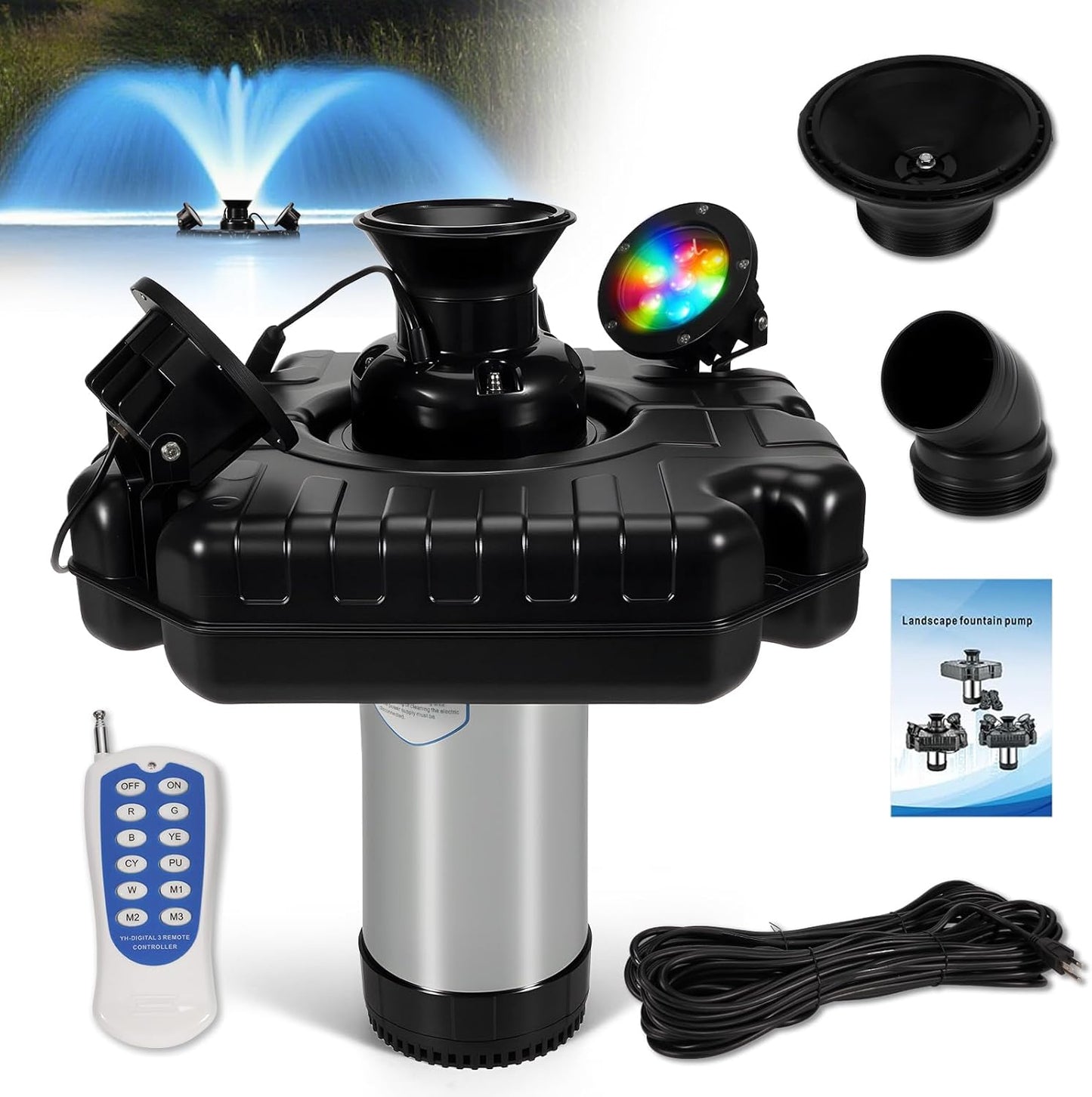 Pond Fountain Aerator with 2-Lights, 1HP 750W Dual Lights RGB LED Remote Control Floating Water Pump - Fit for Large Small Outdoor Ponds Lakes - 100 FT Power Cord 15000 GPH 110V-120V