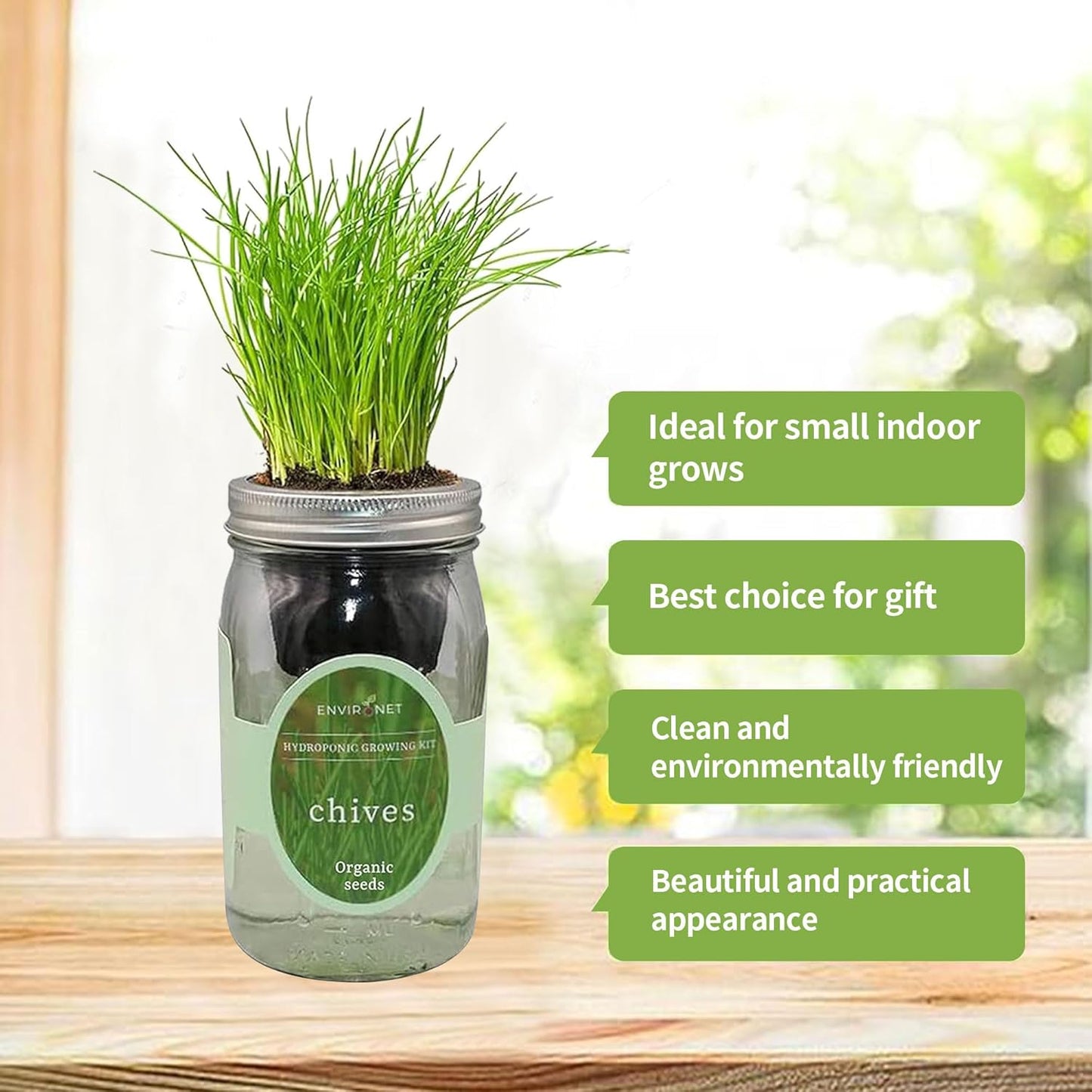 Hydroponic Herb Growing Kit, Self-Watering Mason Jar Herb Garden Starter Kit Indoor, Grow Your Own Herbs from Organic Seeds (Chives)