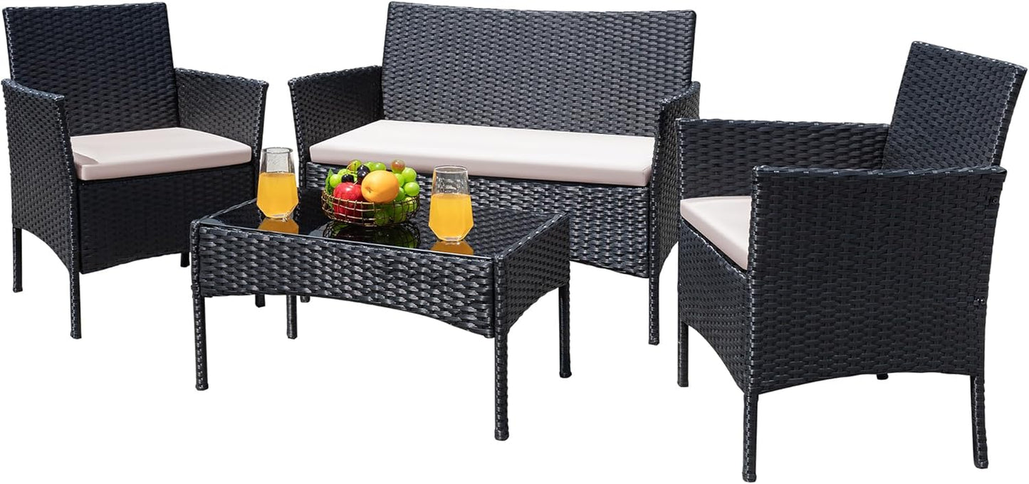 Greesum Patio Furniture 4 Pieces Conversation Sets Outdoor Wicker Rattan Chairs Garden Backyard Balcony Porch Poolside loveseat with Cushion and Glass Table, Black and Beige