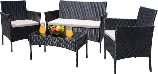 Greesum Patio Furniture 4 Pieces Conversation Sets Outdoor Wicker Rattan Chairs Garden Backyard Balcony Porch Poolside loveseat with Cushion and Glass Table, Black and Beige
