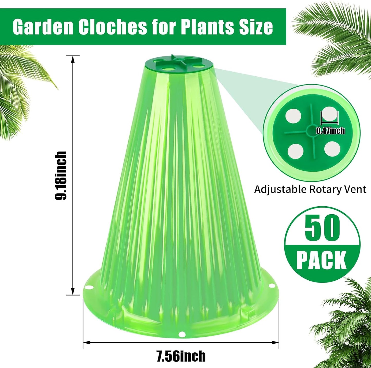 UQM 50 Pack Garden Cloches for Plants, Reusable Bell Plant Protector with Rotary Vent Cover, Garden Protection from Animals Snails Birds Chickens Insect, 9.18" H X 7.56" D (Green)