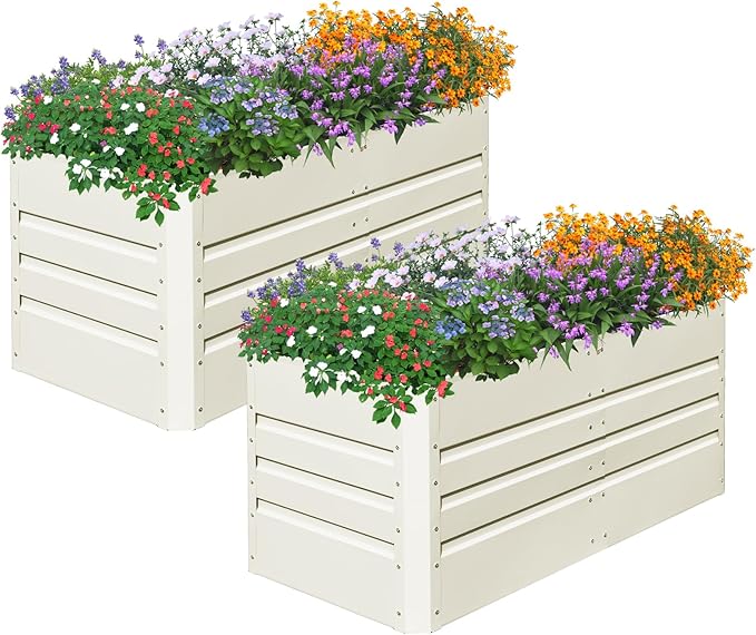 SnugNiture 2 Pcs 4x2x2FT Raised Garden Bed Galvanized Planter Garden Boxes Outdoor, Deep Root Planter Raised Bed for Vegetables Flowers Herbs,Beige White