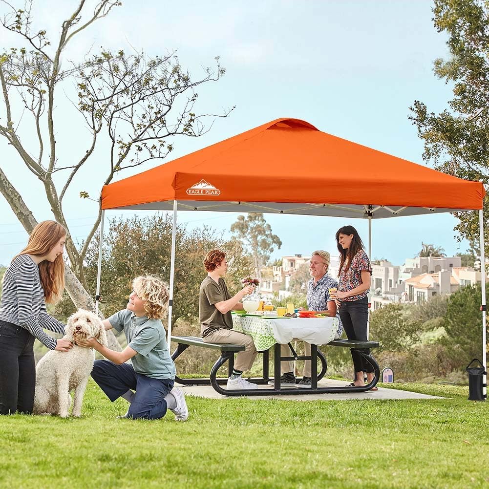 EAGLE PEAK Pop Up Canopy Tent with Wheeled Carry Bag, 8 Stakes, 4 Ropes, 4 Weight Bags, Easy Set Up Tent Canopy, 10x10 ft, 100sqft of Shade, Orange