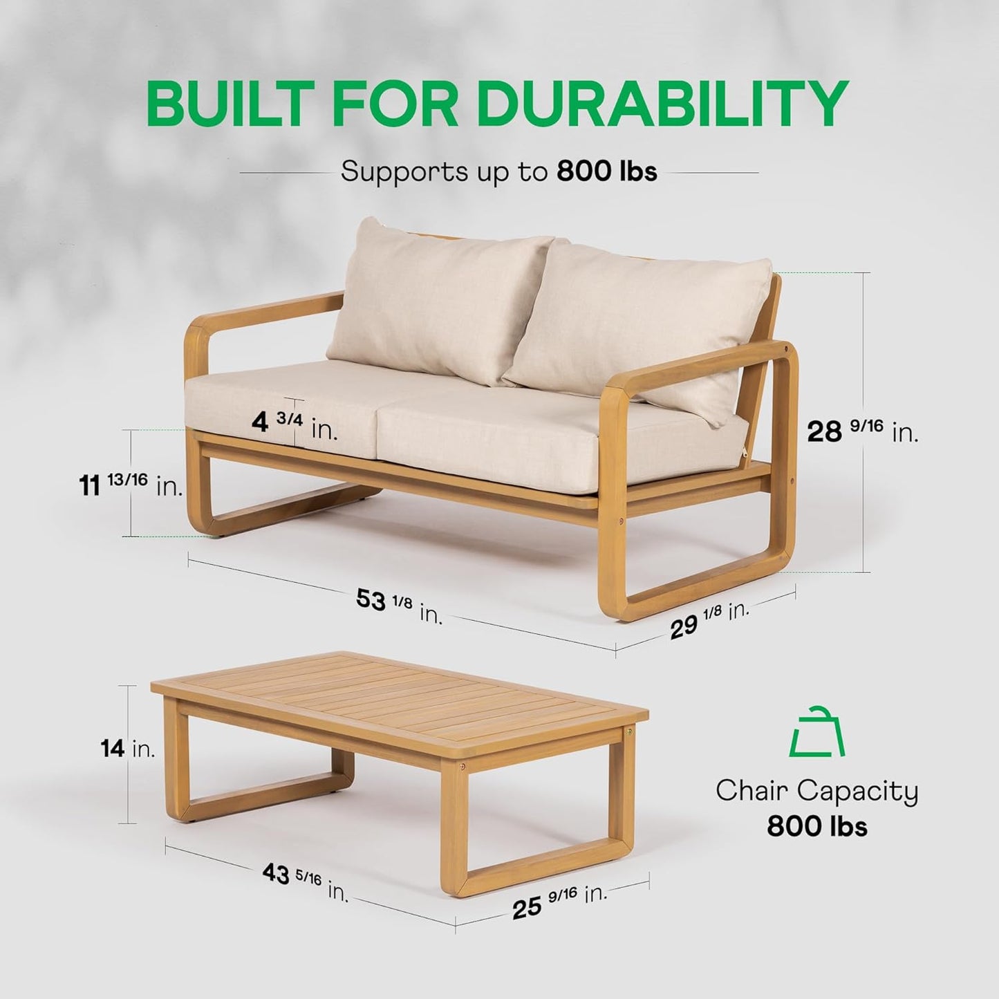 Idzo Ivy Loveseat with Coffee Table – Beige Fabric, 2-Seater Outdoor Sofa Set for Balcony, Patio or Garden – Stylish Love Seat Couches for Small Spaces