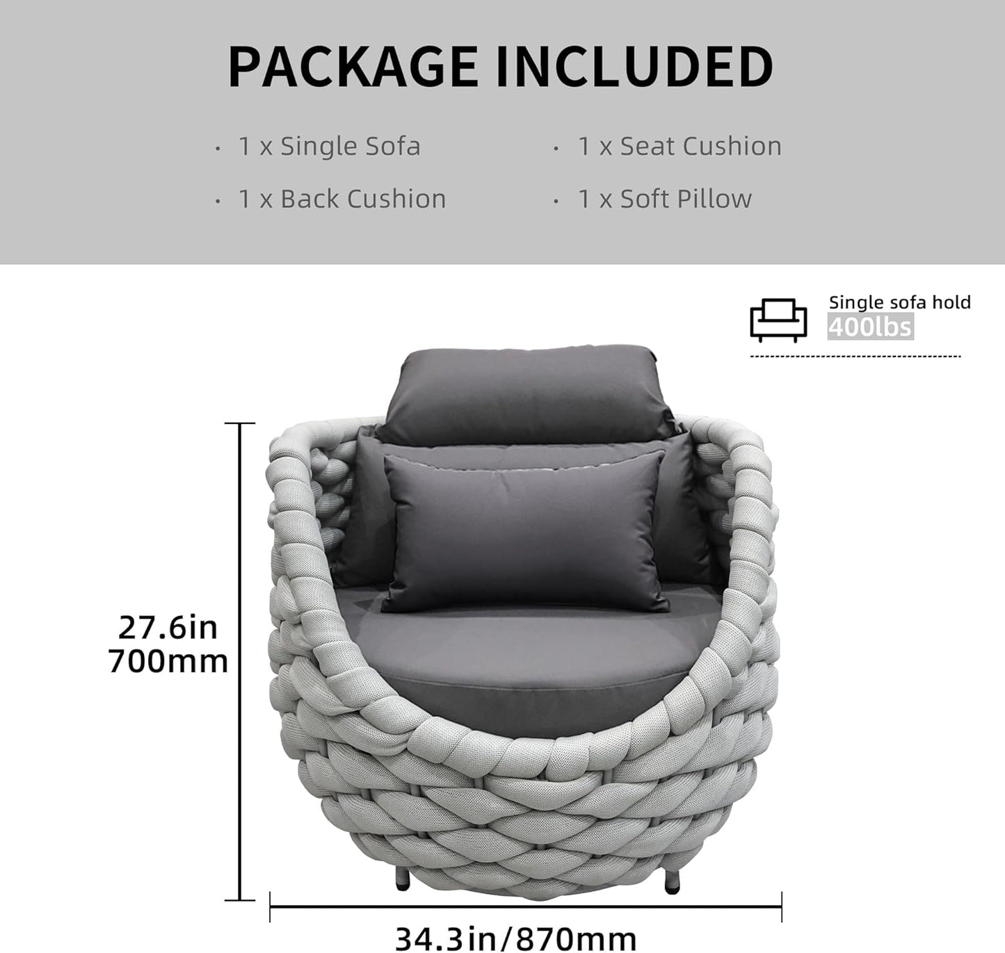 TWT 2 Pieces Patio Furniture Aluminum Armchair, All-Weather Outdoor Single Sofa, Metal Outdoor Chair with Dark Grey Cushions
