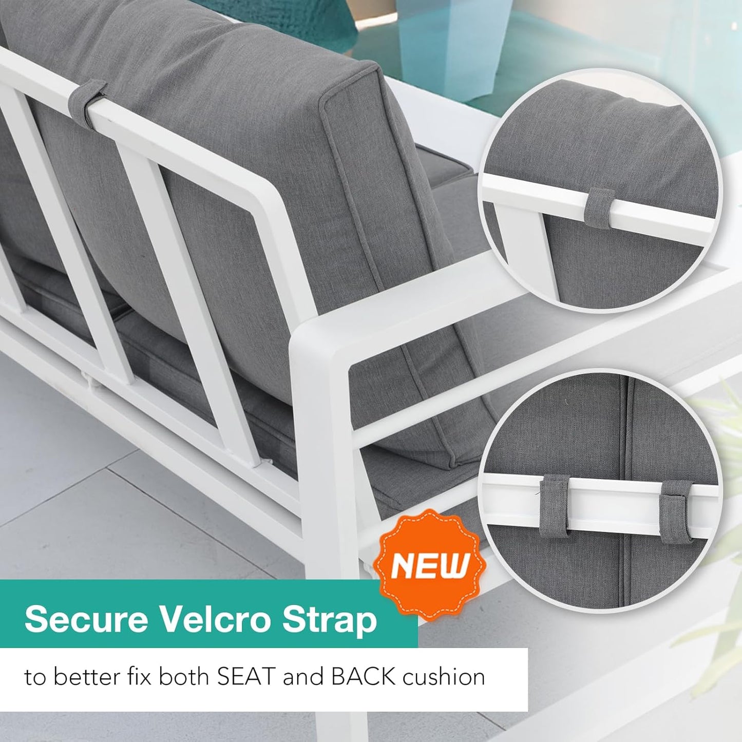 Patiorama Aluminum Patio Furniture Set, 4 PCS Modern Patio Conversation Set, All Weather White Outdoor Sectional Sofa Set w/Coffee Table, Loveseat, Superior Olefin Cushion, Garden-Grey Cushion