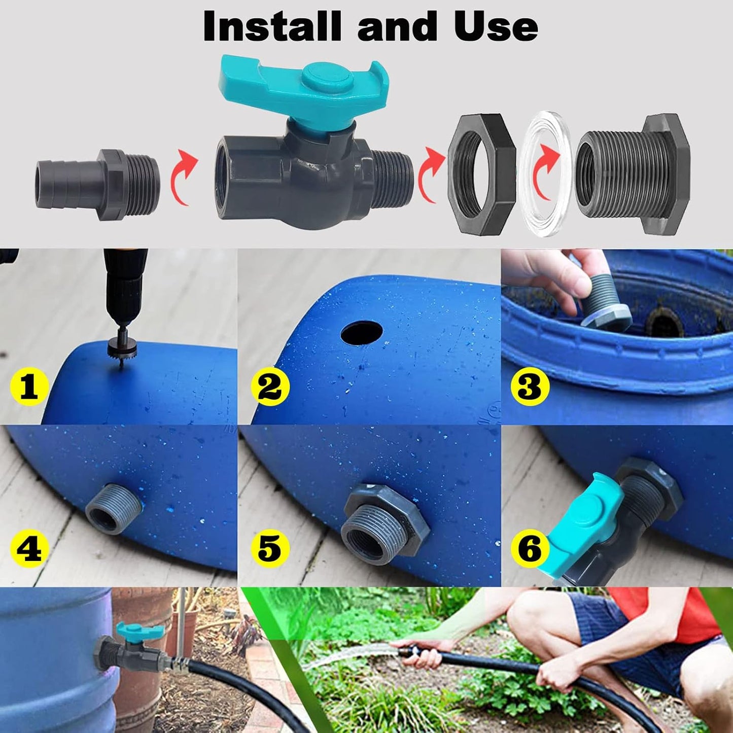 Rain Barrel Spigot PVC Faucet Kit Water Barrel Diverter Kit with Bulkhead Fitting,Ball Valve,Garden Hose Barb(16mm) Adapter,Pipe Clamps,Thread Seal Tape(kit for 16mm ID Hose)