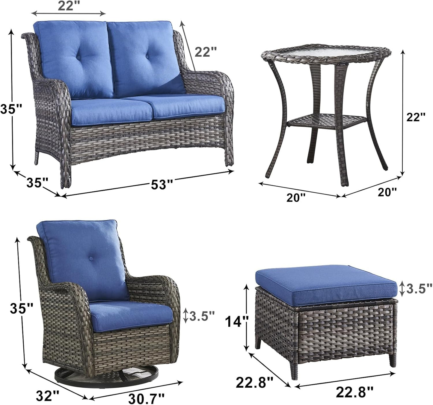 Outdoor Wicker Patio Furniture Set - 6 Piece Rattan Patio Conversation Set with 2 Rocking Swivel Chairs,2 Ottomans,1 Loveseat and 1 Side Table for Porch Deck Backyard Garden(Mixed Grey/Blue)