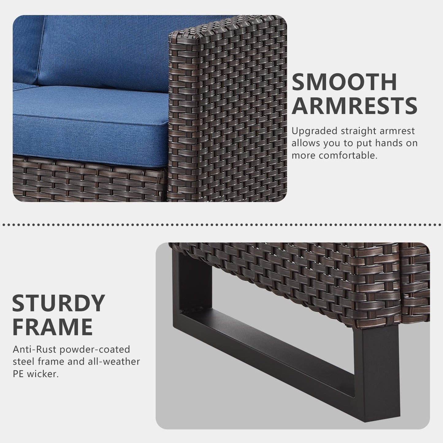 HUMMUH 8 Piece Patio Furniture with Fire Pit,PE Wicker Outdoor Conversation Sets-6-Seater Sofa,Patio Swivel Chairs Outdoor Chairs, Propane Fire Pit,Side Table for Porch,Garden,Backyard(Brown/Blue)