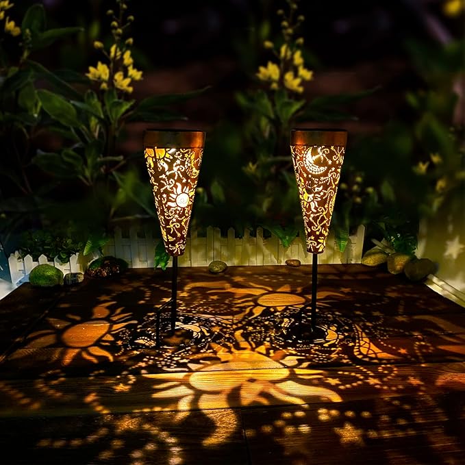 DIBIEECN 2 Pack Sun and Moon Solar Pathway Lights Outdoor,Metal Garden Decorations Outdoor Lights with Patterns and Warm Light,Waterproof Landscape Lighting for Path Patio Backyard Walkway Yard