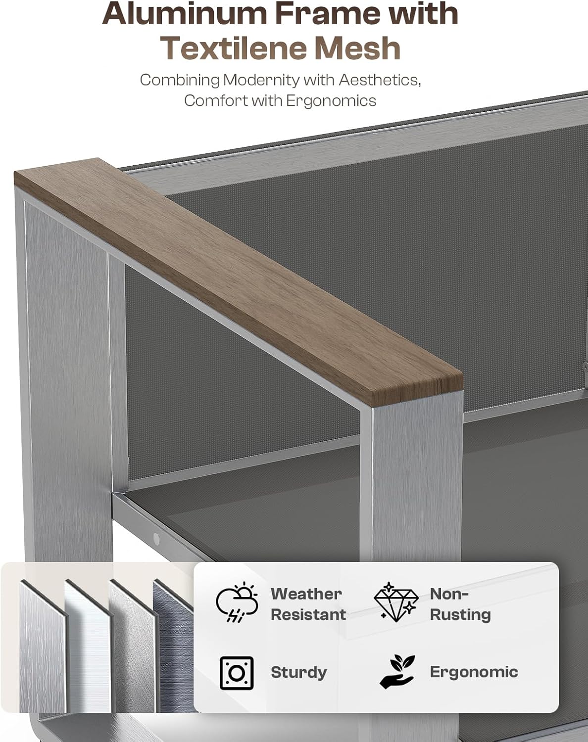 Aluminum Outdoor Patio Furniture, 1 Piece 3-Seat Sofa, All-Weather Metal Modern Outside Sofa for Deck, Porch (LightGray)