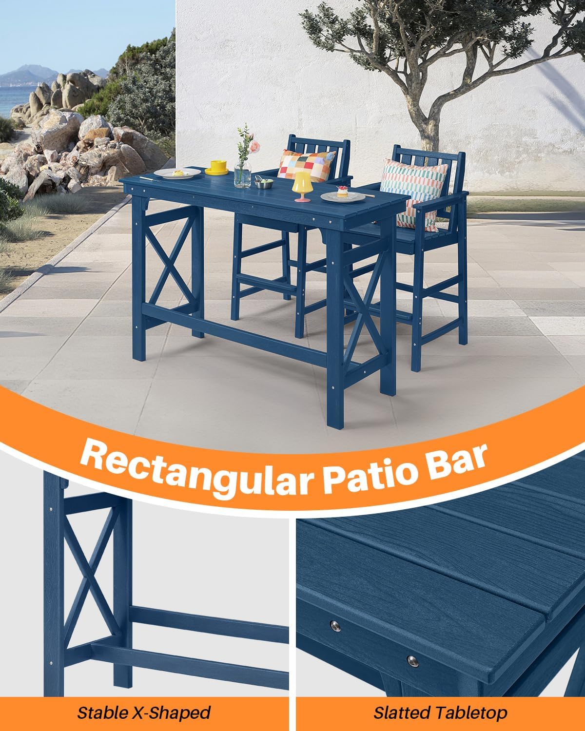 HDPE Outdoor Bar Table, 41" Rectangular Patio Bar Tables, Outdoor Counter Height Table Adirondack Patio Bar Height Table, HDPE Outside Pub Tables for Outside, Balcony, Deck, Poolside, Navy