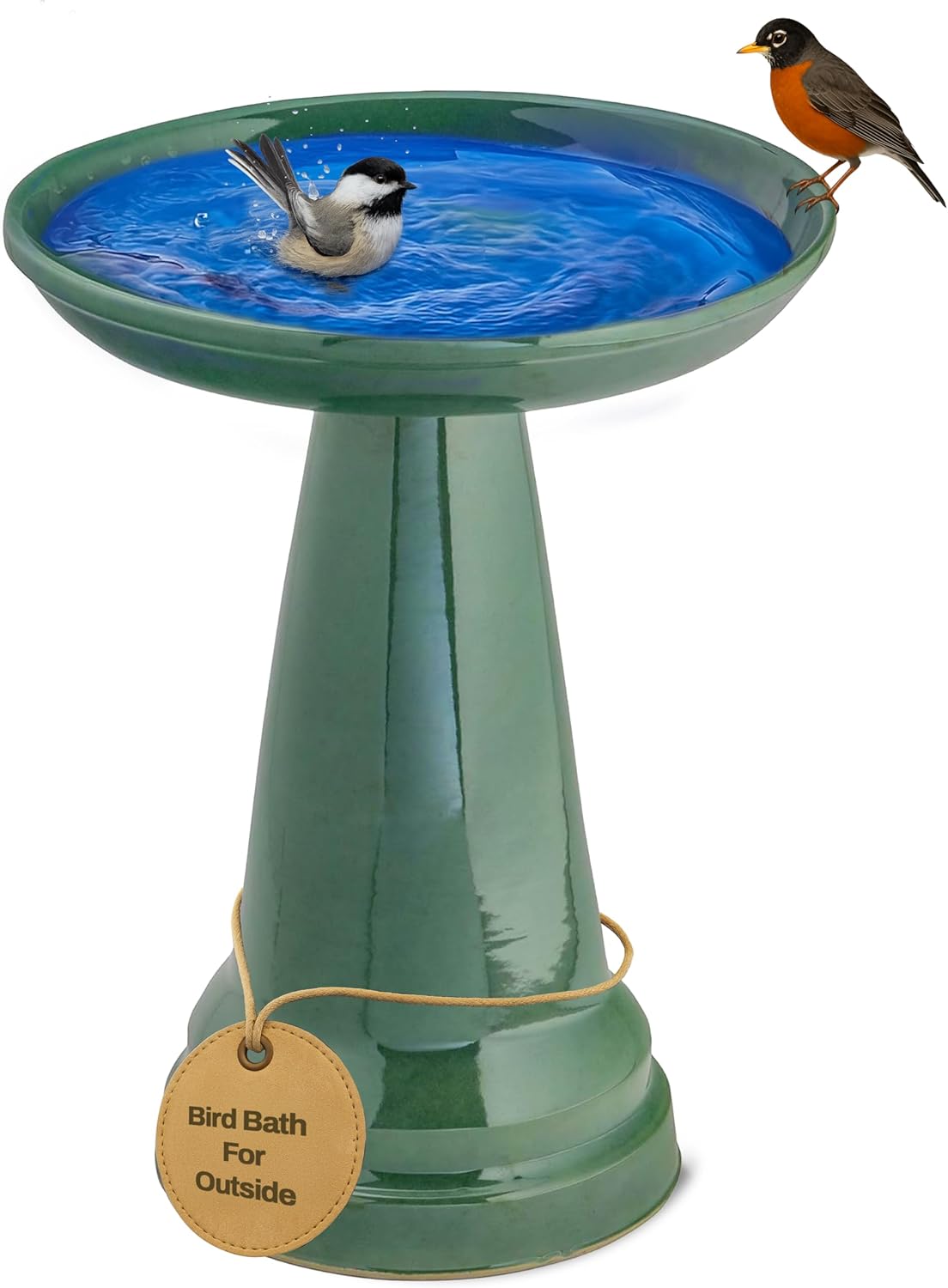 Birds Choice Ohio Stoneware Bird Bath | Pedestal Bird Bath, Stable Locking Top | Weather-Resistant Ceramic Clay, Glazed Finish | Outdoor Garden & Patio Decor | 22" H x 17" D, Summer Green