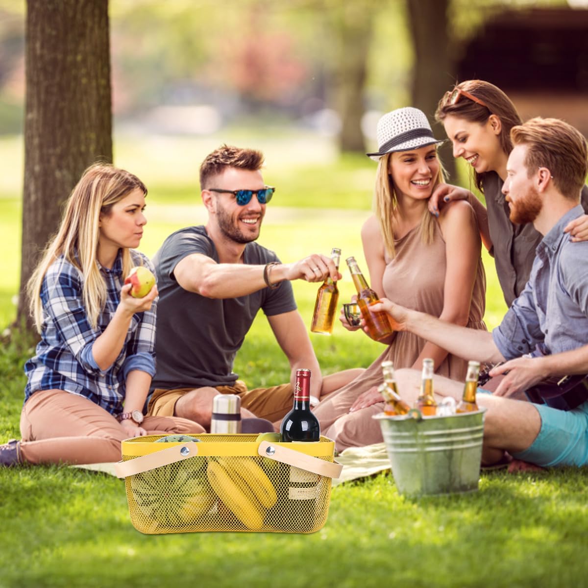 Portable Mesh Harvest Basket - Natural Bamboo Handle Foldable Organizer for Kitchen, Garden & Picnic | Ventilated Storage Bin with Rust-Proof Wire, Space-Saving Farmhouse Decor (Lemon Yellow)