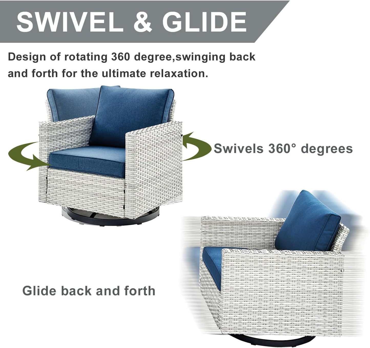 HUMMUH 7 Piece Patio Furniture Set Outdoor Sectional Sofa,High Back Patio Swivel Glider Chairs with Ottomans Coffee Table for Porch,Garden,Backyard…