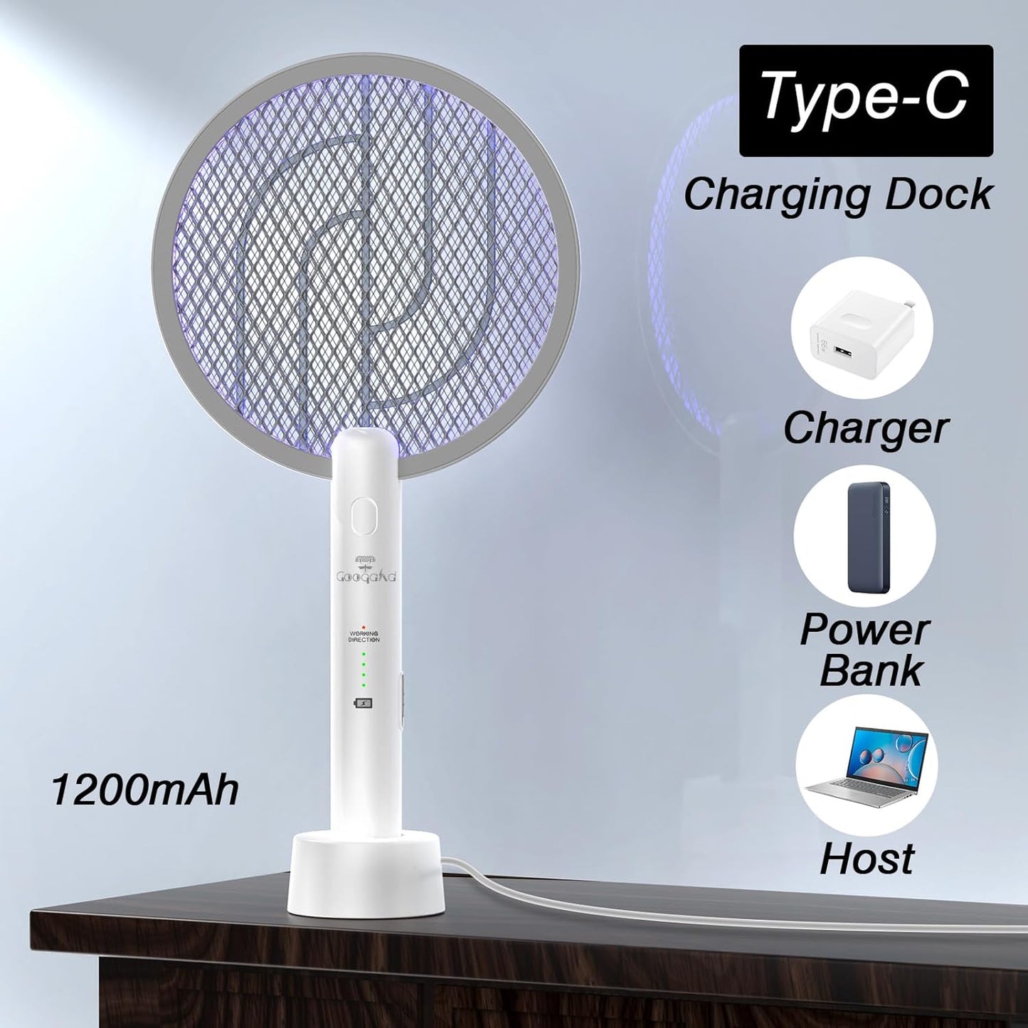 Bug Zapper Racket, 2 in 1 Electric Fly Zapper USB Rechargeable, 4000V Electric Fly Swatter with 3 Layer Safety Mesh, Indoor Outdoor Bug Zapper Racket for Kitchen, Bedroom, Camping(2 Pack