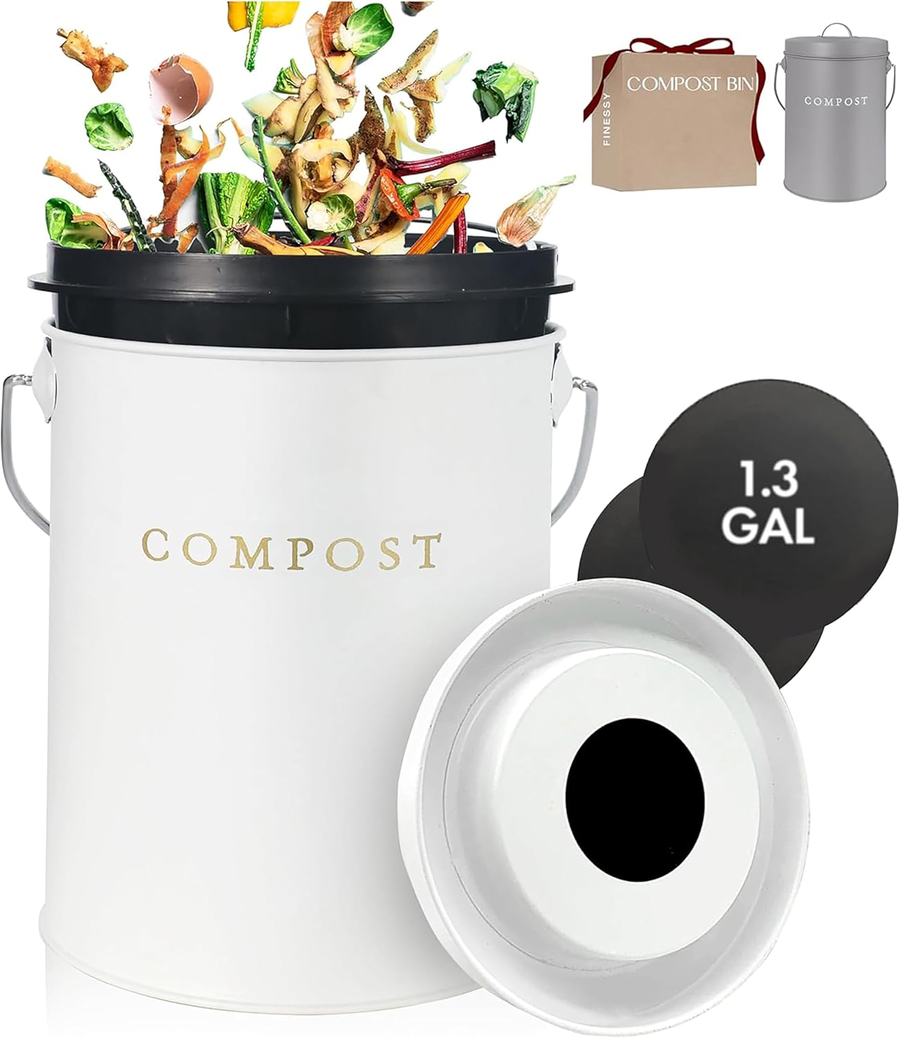 White 1.3 Galion Indoor Compost Bin Kitchen Odorless with Lid for Composting Food Waste Bucket for Counters, Stainless Steel Kitchen Compost Bin Countertop Trash Can Scrap Container Composter Caddy